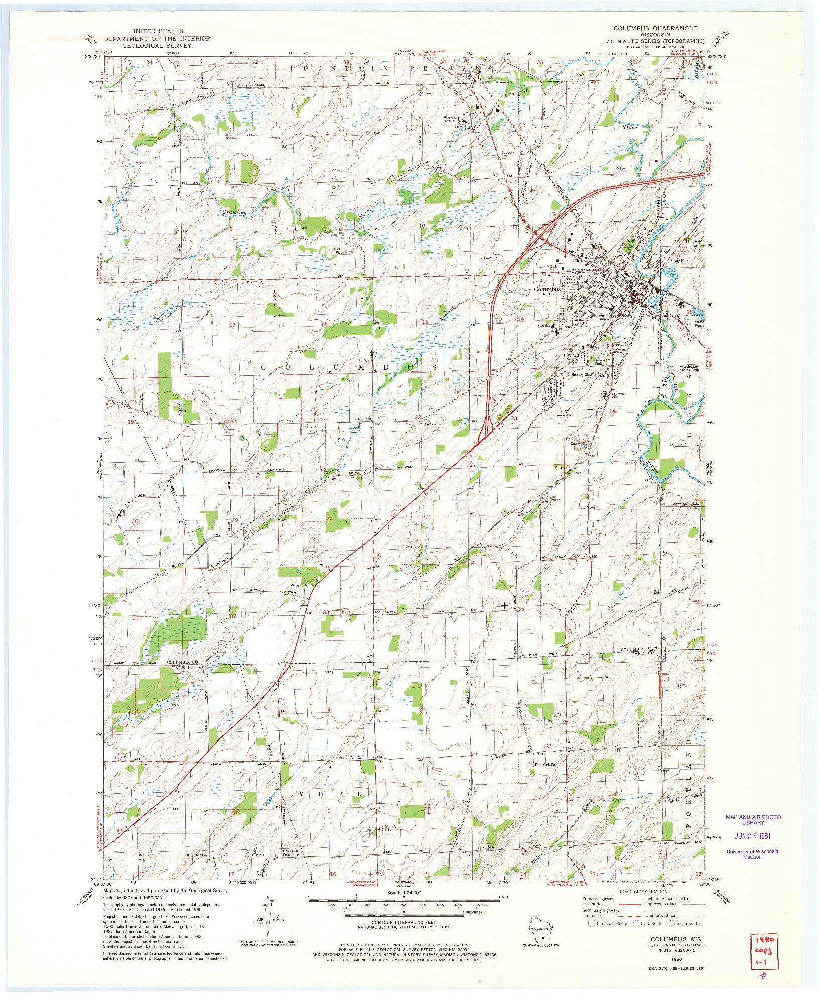 USGS 1:24000-SCALE QUADRANGLE FOR COLUMBUS, WI 1980