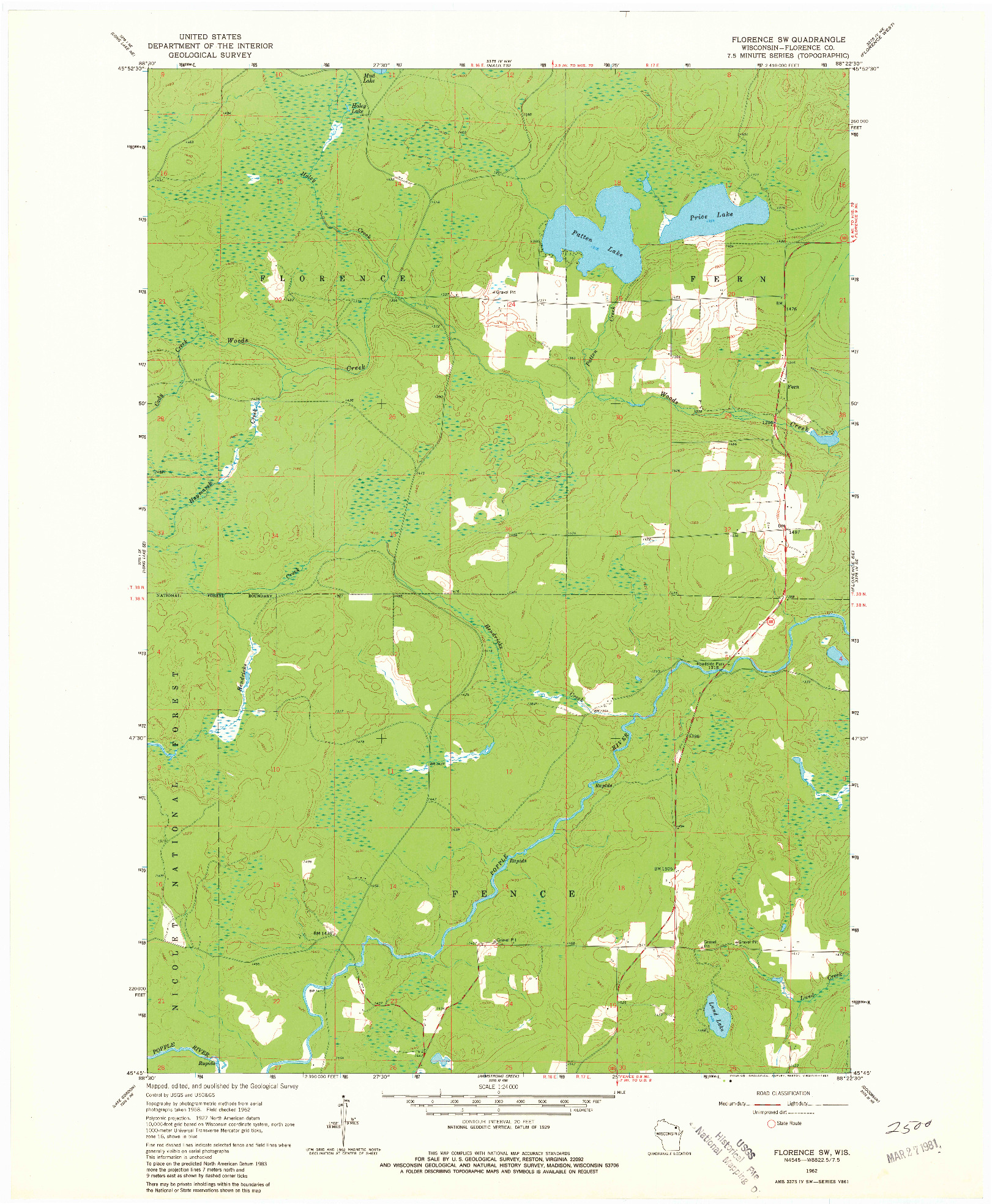 USGS 1:24000-SCALE QUADRANGLE FOR FLORENCE SW, WI 1962