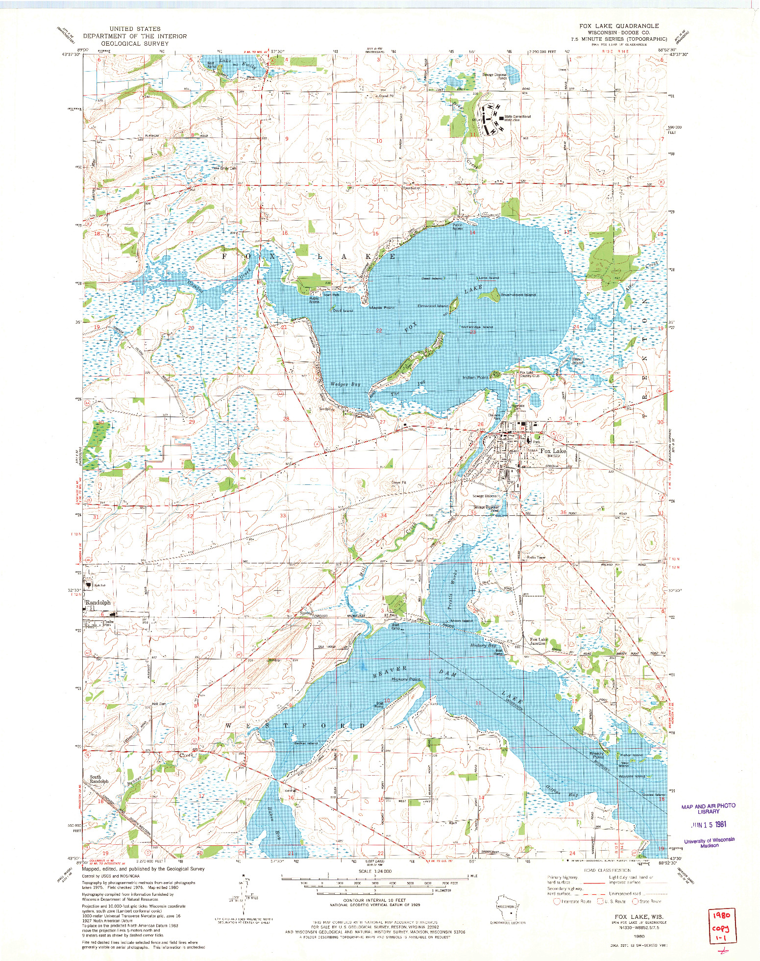 USGS 1:24000-SCALE QUADRANGLE FOR FOX LAKE, WI 1980