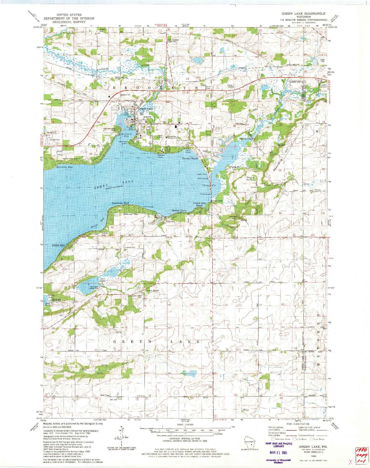USGS 1:24000-SCALE QUADRANGLE FOR GREEN LAKE, WI 1980