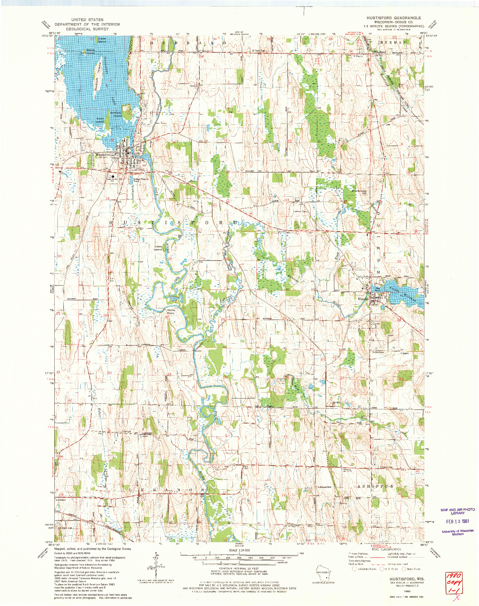 USGS 1:24000-SCALE QUADRANGLE FOR HUSTISFORD, WI 1980