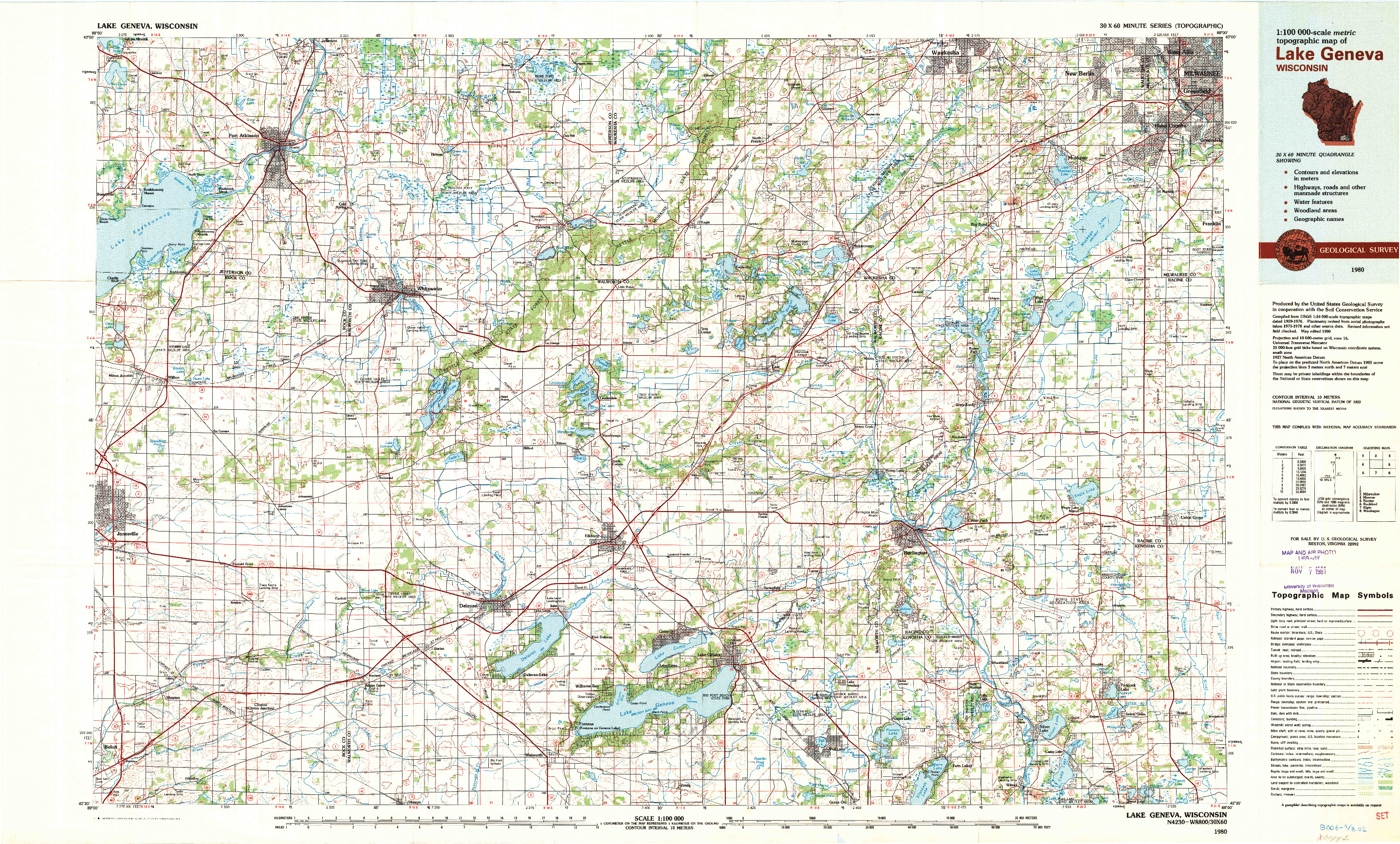 USGS 1:100000-SCALE QUADRANGLE FOR LAKE GENEVA, WI 1980