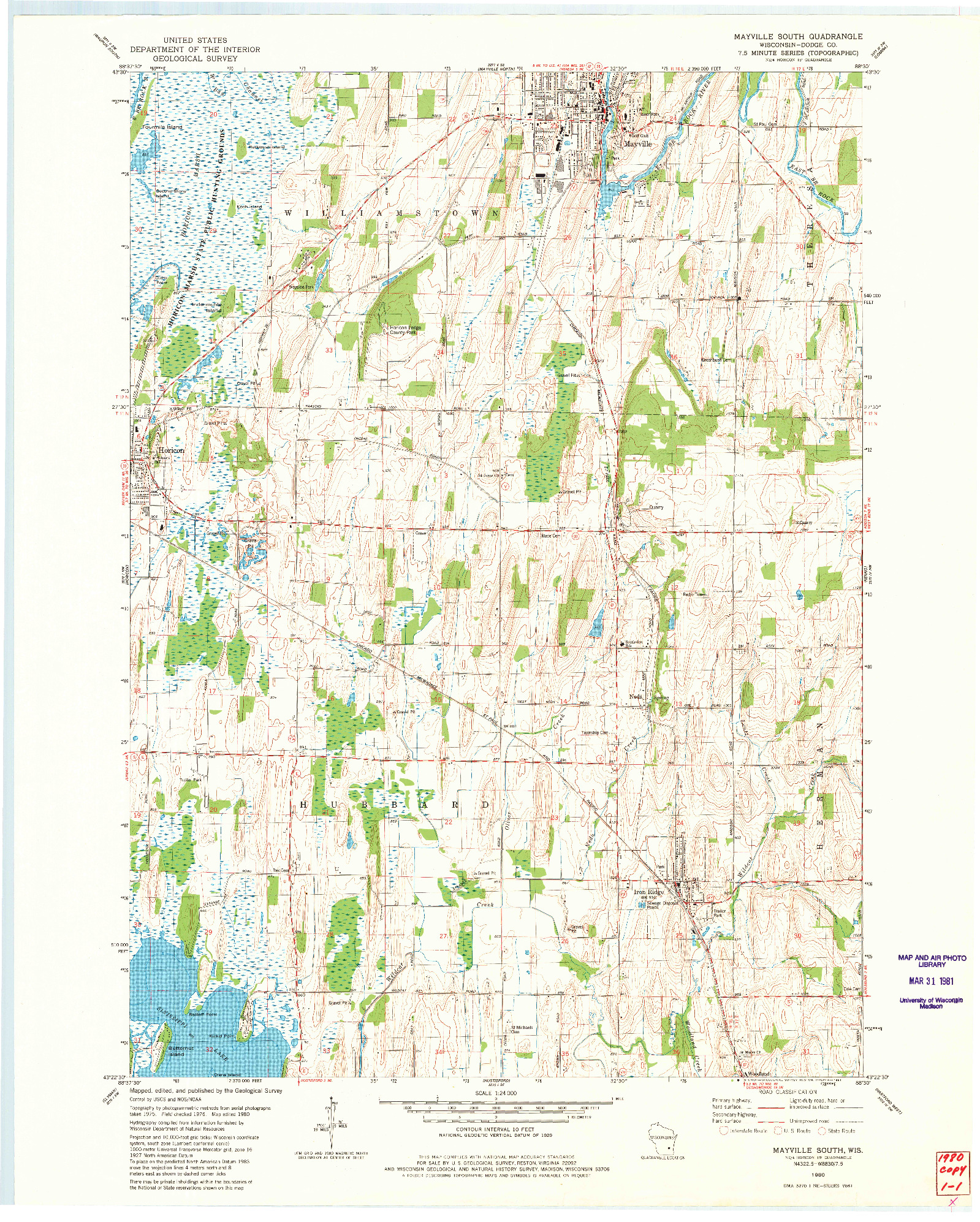 USGS 1:24000-SCALE QUADRANGLE FOR MAYVILLE SOUTH, WI 1980