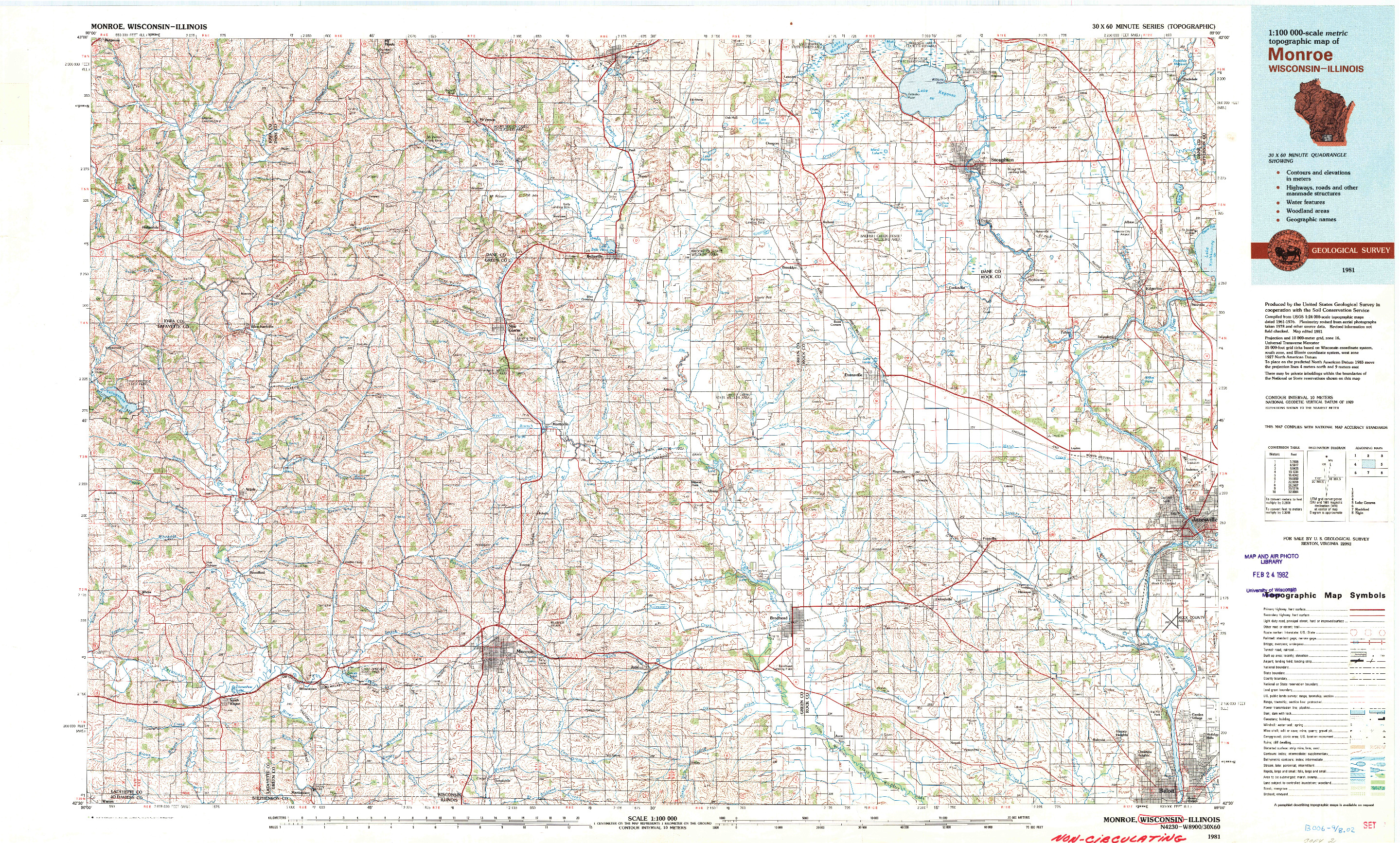USGS 1:100000-SCALE QUADRANGLE FOR MONROE, WI 1981