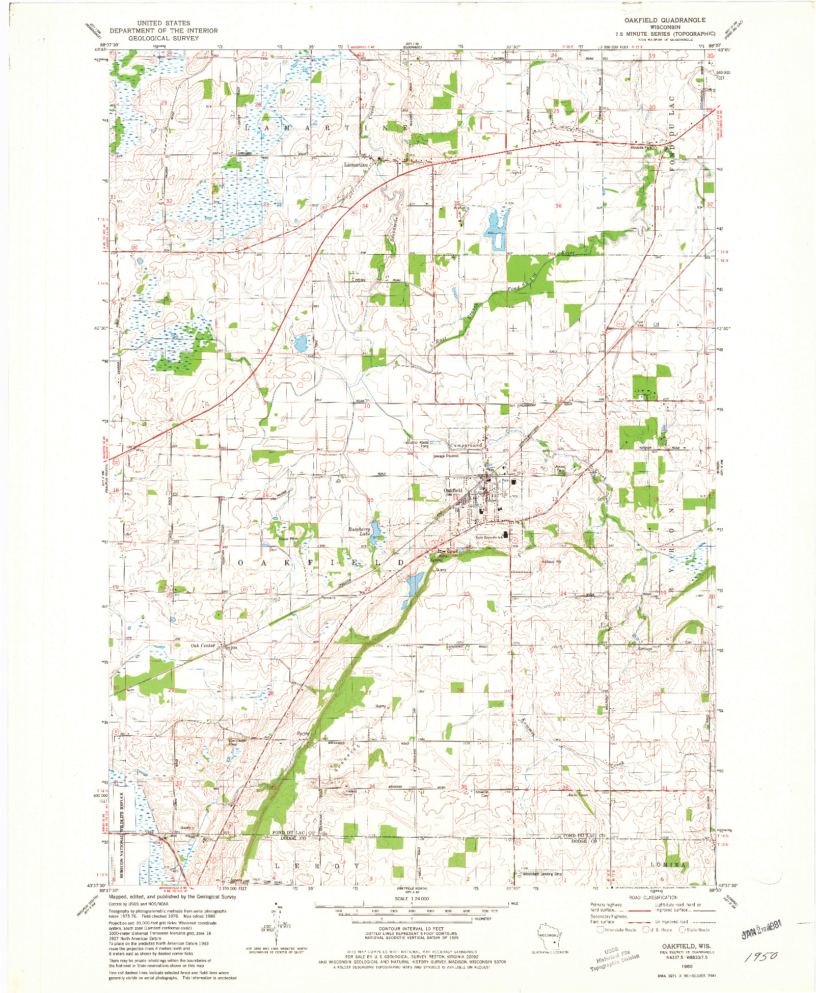 USGS 1:24000-SCALE QUADRANGLE FOR OAKFIELD, WI 1980