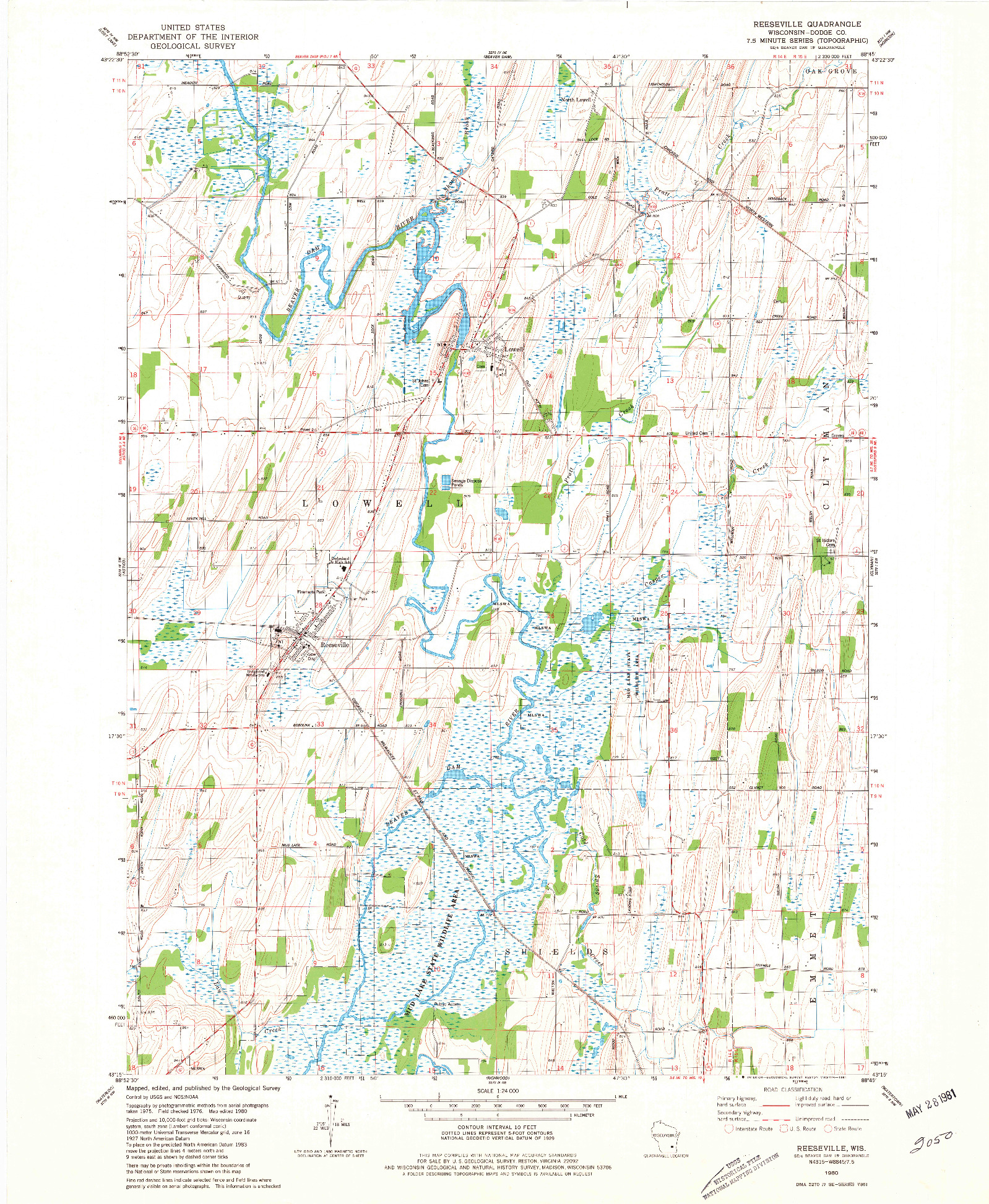USGS 1:24000-SCALE QUADRANGLE FOR REESEVILLE, WI 1980