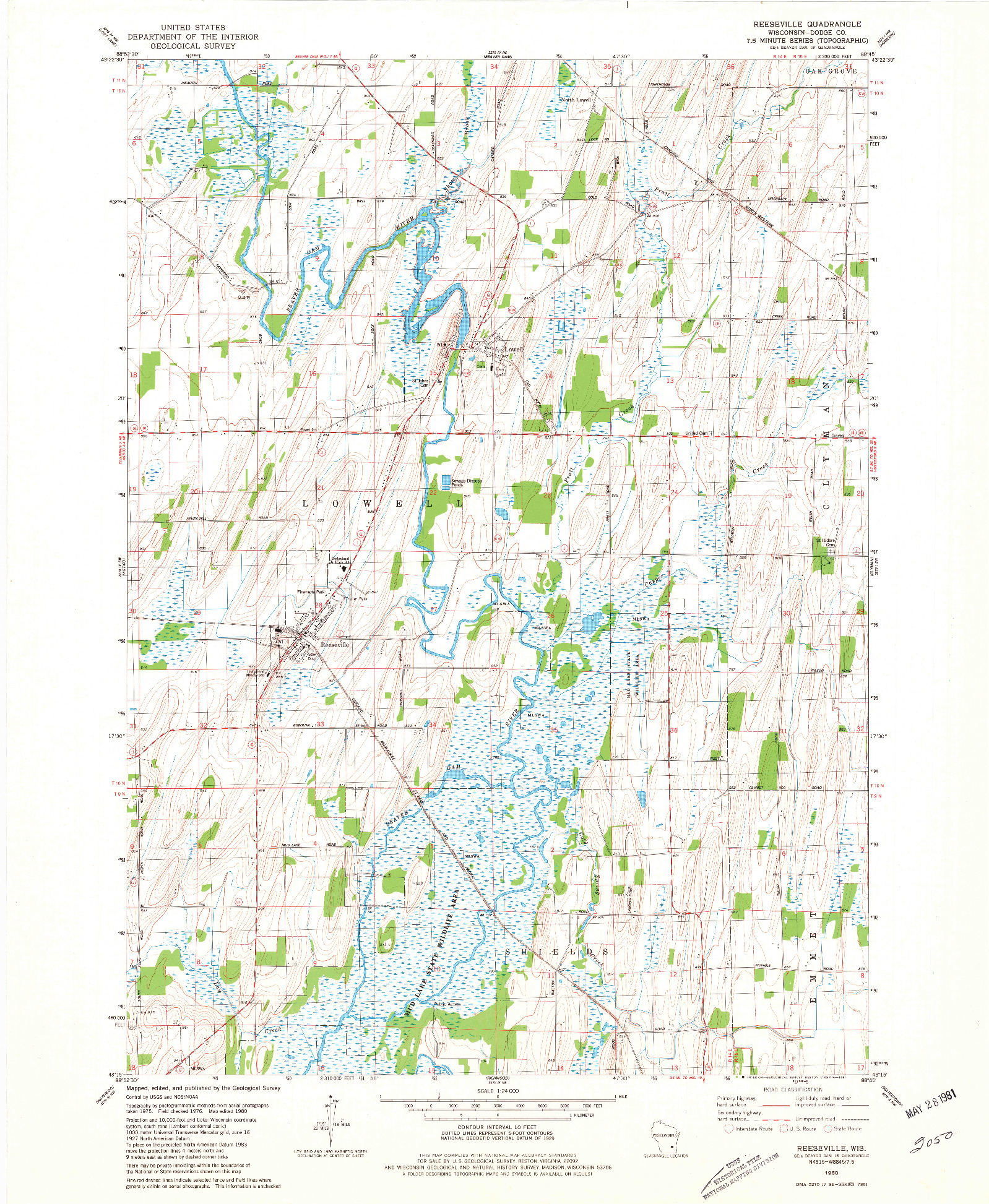 USGS 1:24000-SCALE QUADRANGLE FOR REESEVILLE, WI 1980
