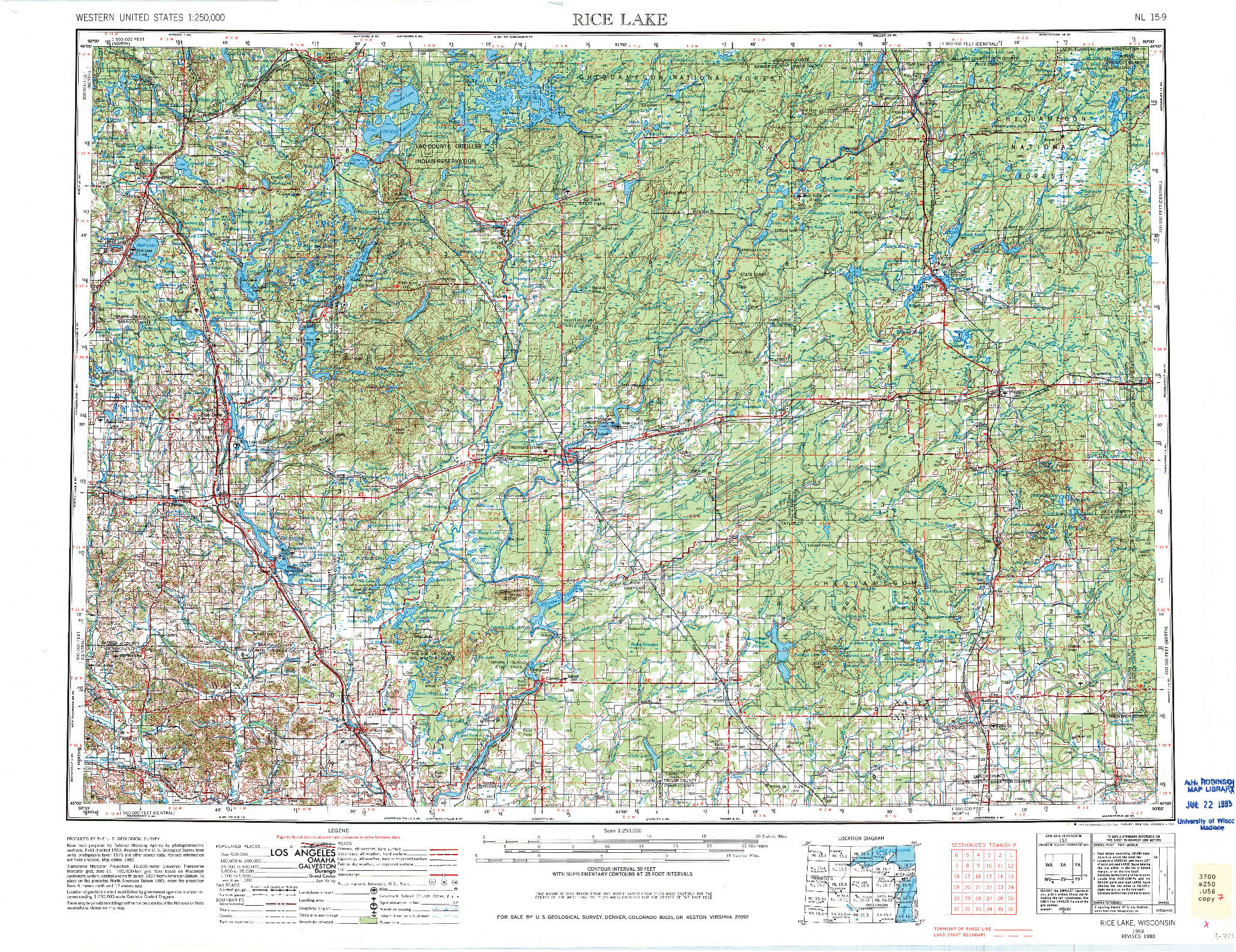 USGS 1:250000-SCALE QUADRANGLE FOR RICE LAKE, WI 1953