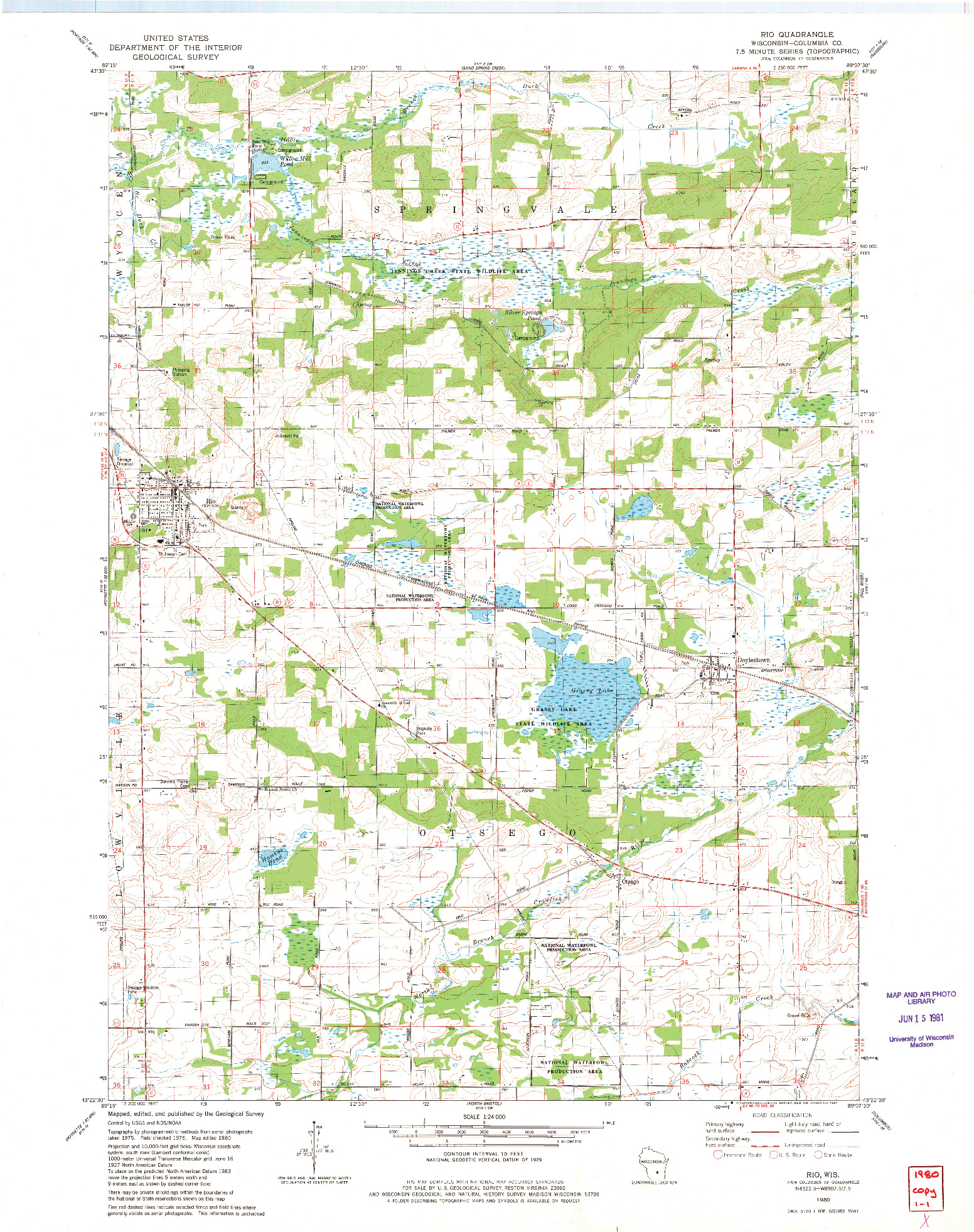 USGS 1:24000-SCALE QUADRANGLE FOR RIO, WI 1980