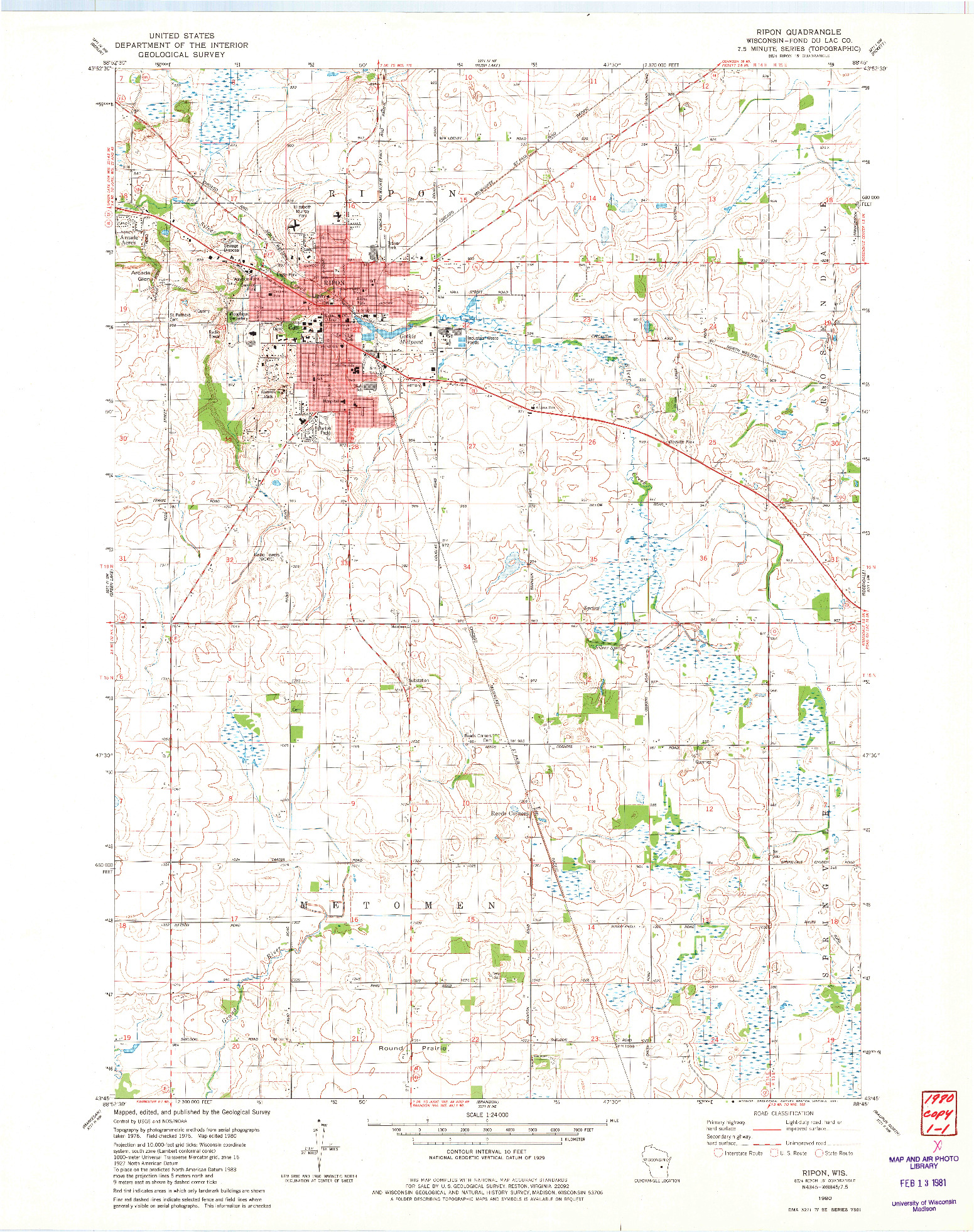 USGS 1:24000-SCALE QUADRANGLE FOR RIPON, WI 1980