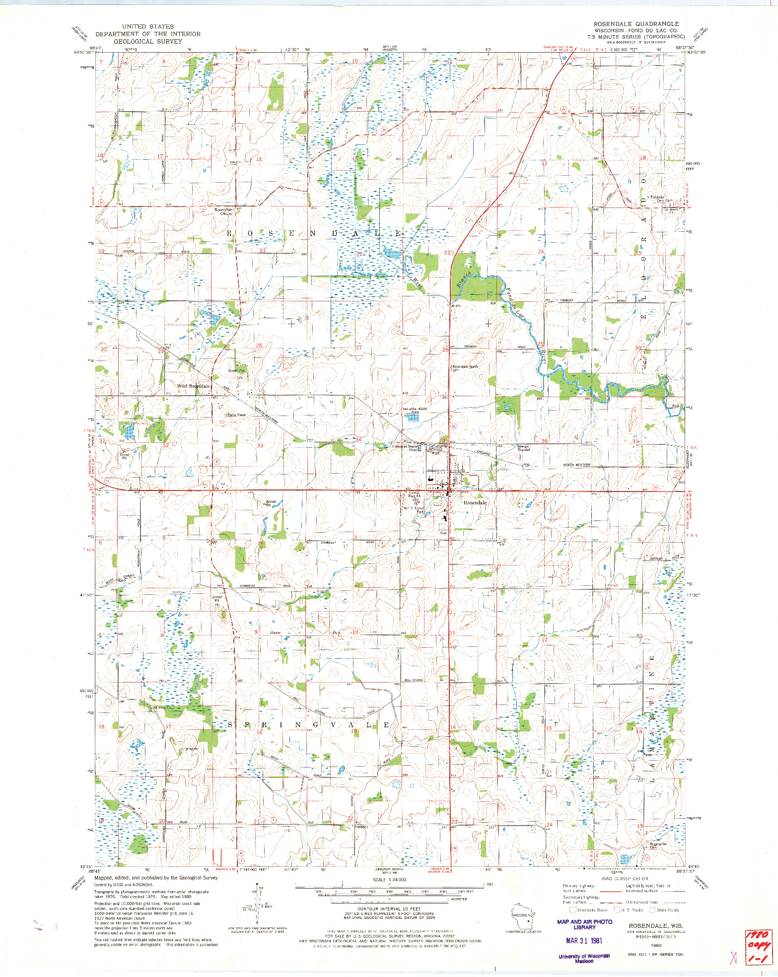 USGS 1:24000-SCALE QUADRANGLE FOR ROSENDALE, WI 1980