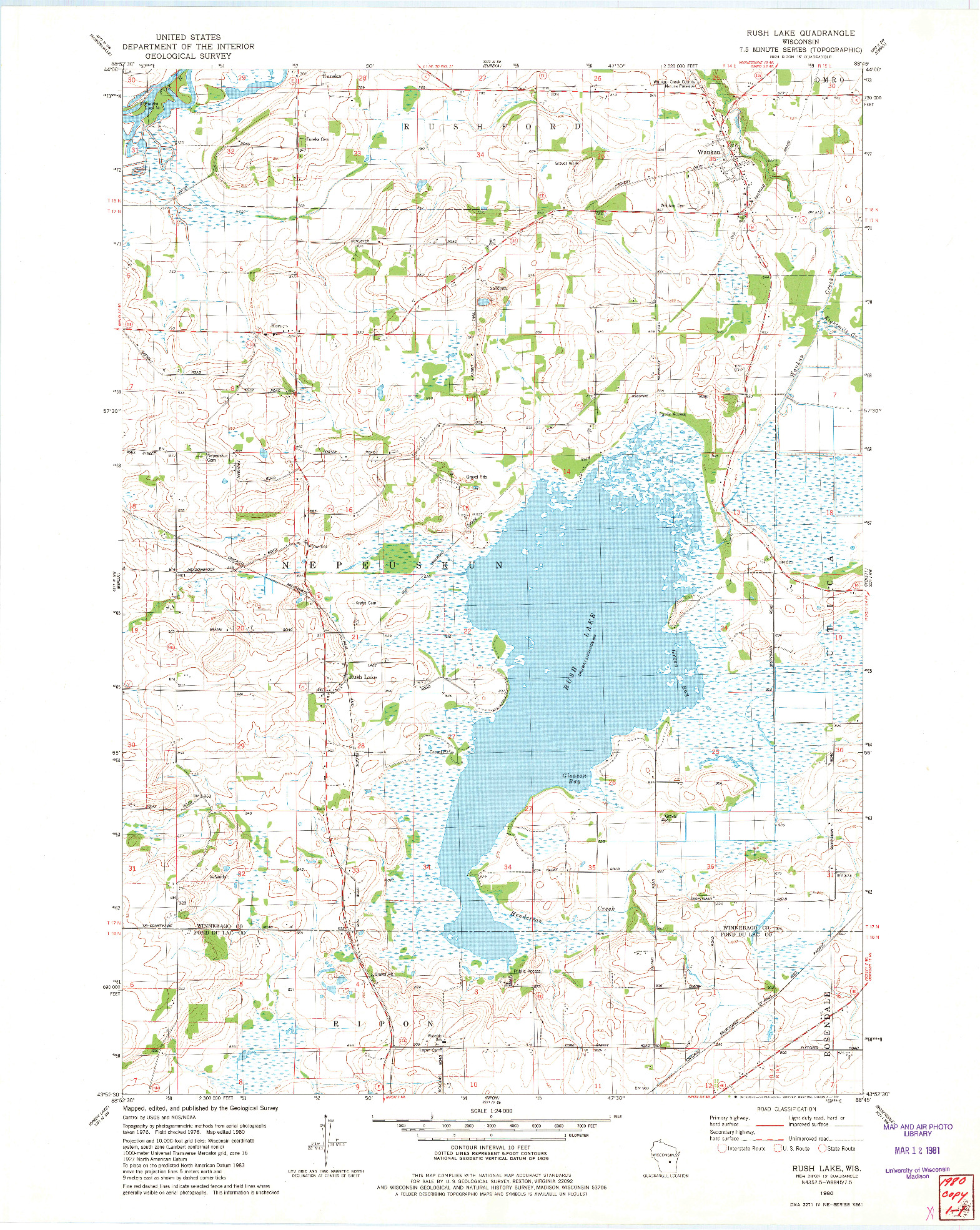 USGS 1:24000-SCALE QUADRANGLE FOR RUSH LAKE, WI 1980