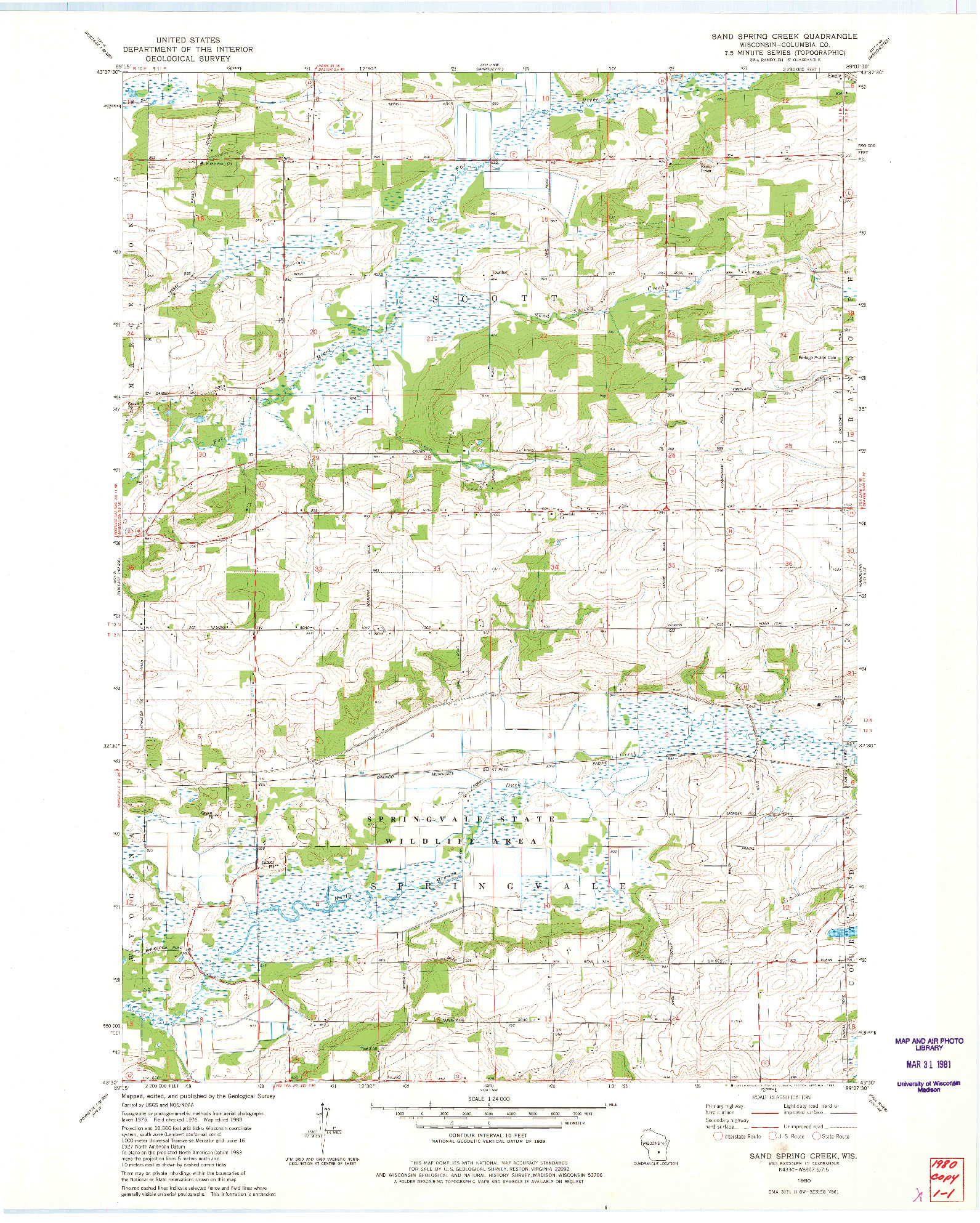 USGS 1:24000-SCALE QUADRANGLE FOR SAND SPRING CREEK, WI 1980