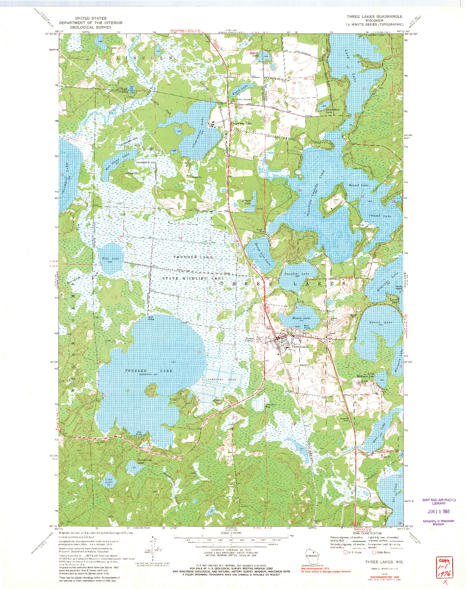 USGS 1:24000-SCALE QUADRANGLE FOR THREE LAKES, WI 1970