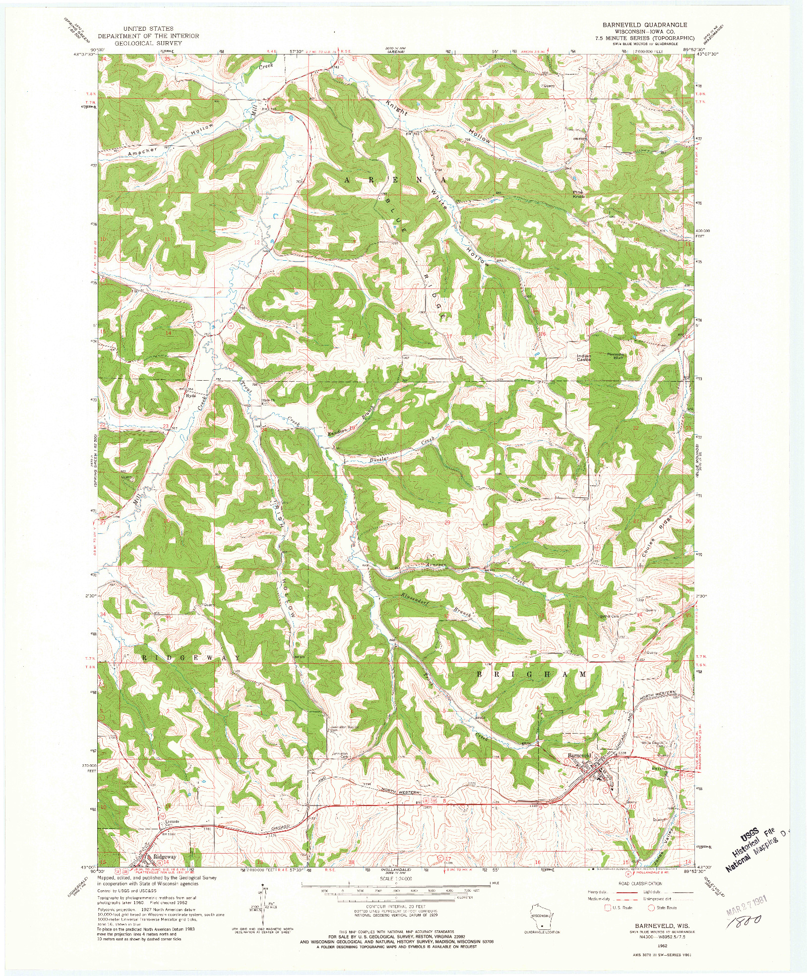 USGS 1:24000-SCALE QUADRANGLE FOR BARNEVELD, WI 1962