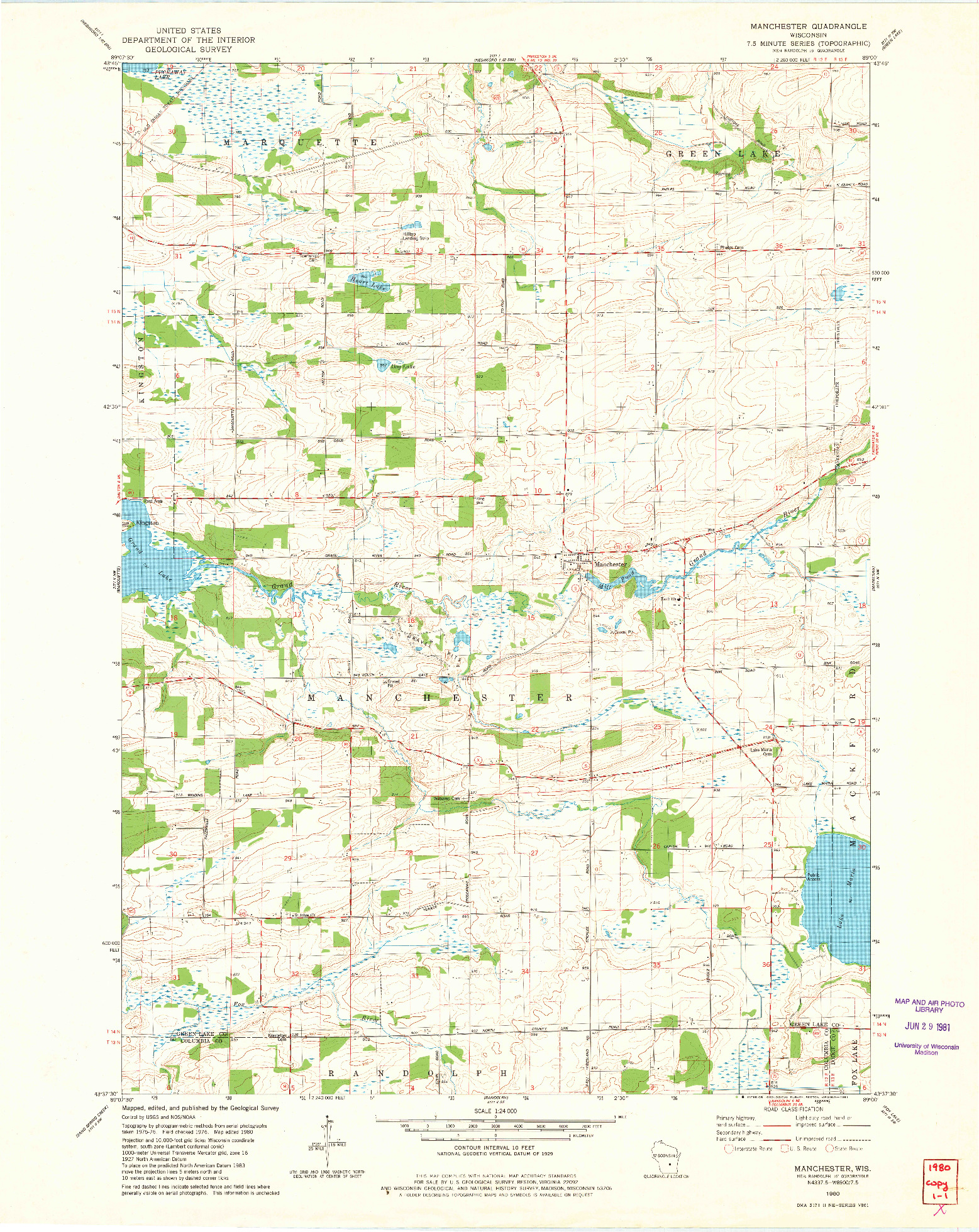 USGS 1:24000-SCALE QUADRANGLE FOR MANCHESTER, WI 1980