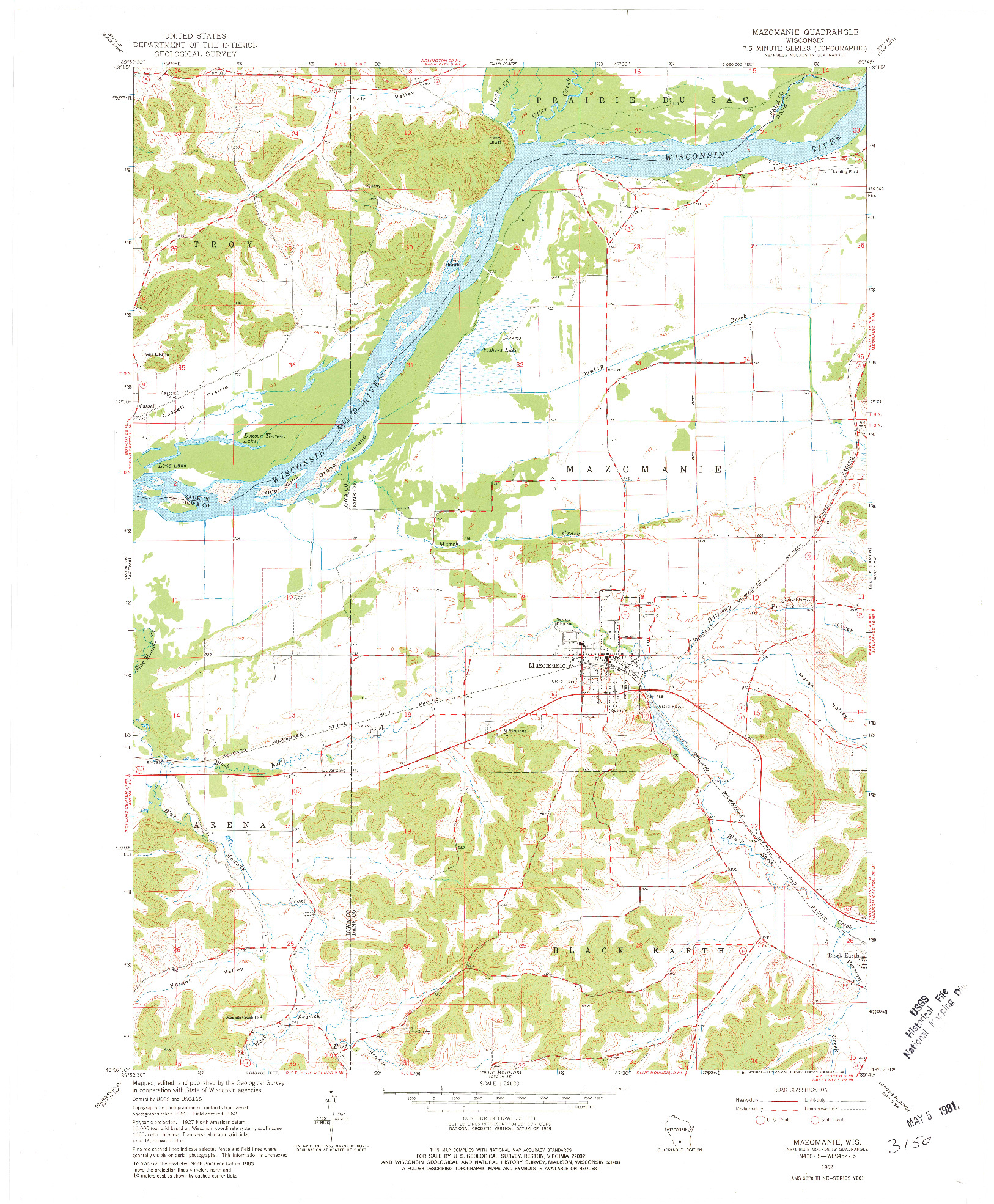 USGS 1:24000-SCALE QUADRANGLE FOR MAZOMANIE, WI 1962