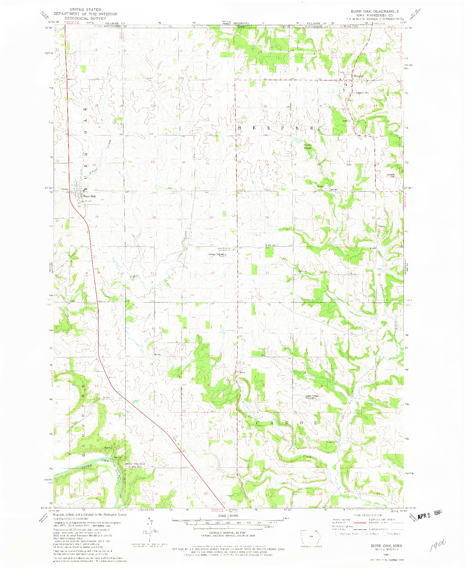 USGS 1:24000-SCALE QUADRANGLE FOR BURR OAK, IA 1981