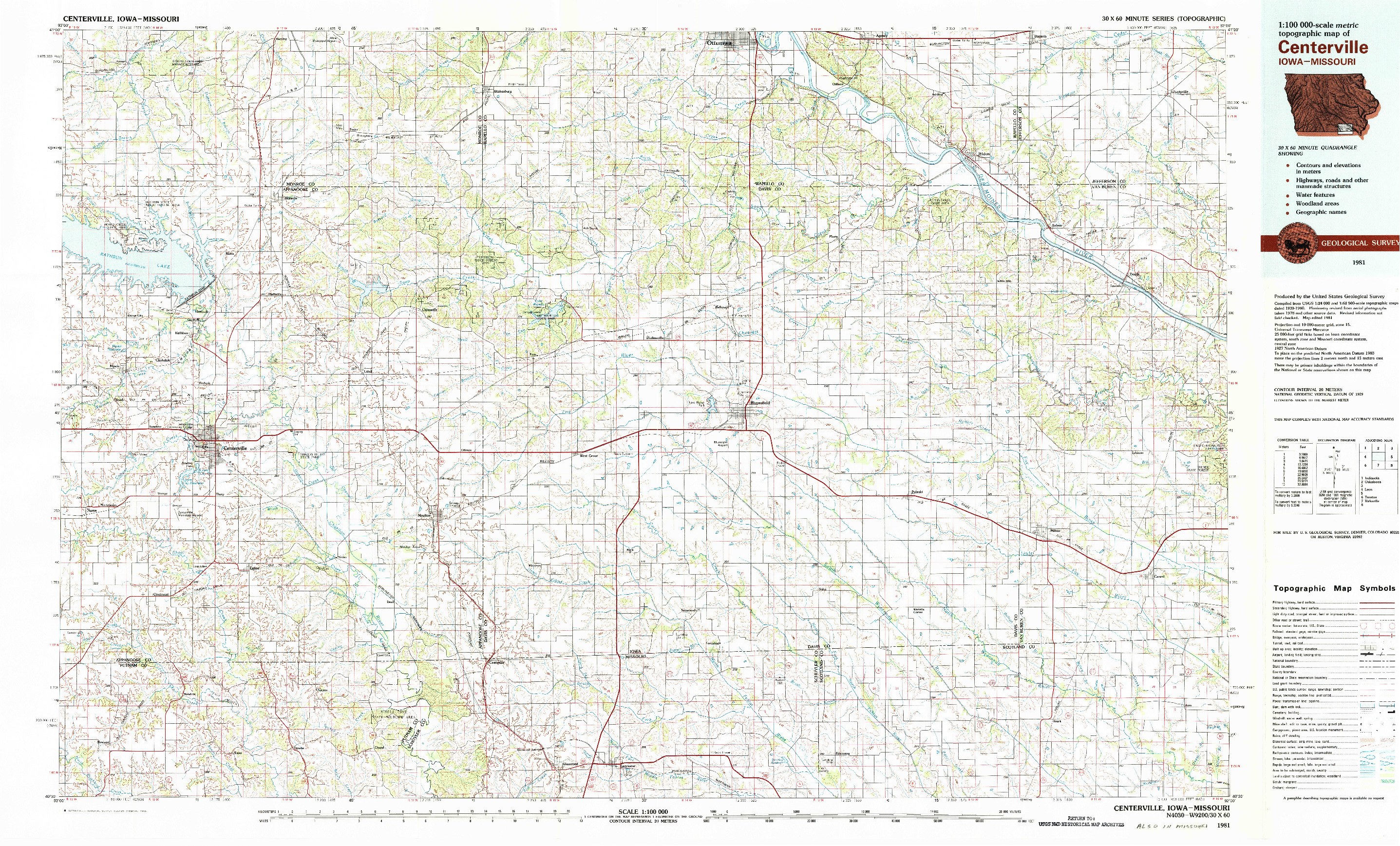 USGS 1:100000-SCALE QUADRANGLE FOR CENTERVILLE, IA 1981