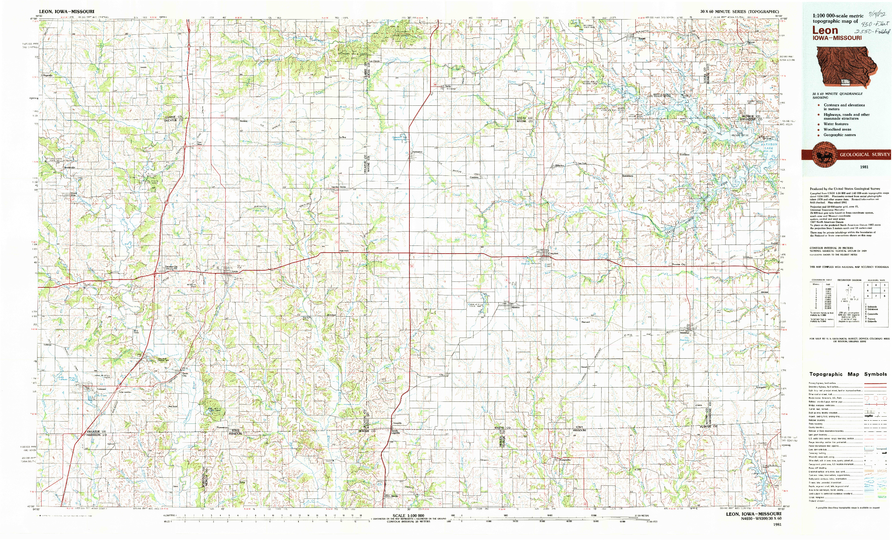 USGS 1:100000-SCALE QUADRANGLE FOR LEON, IA 1981