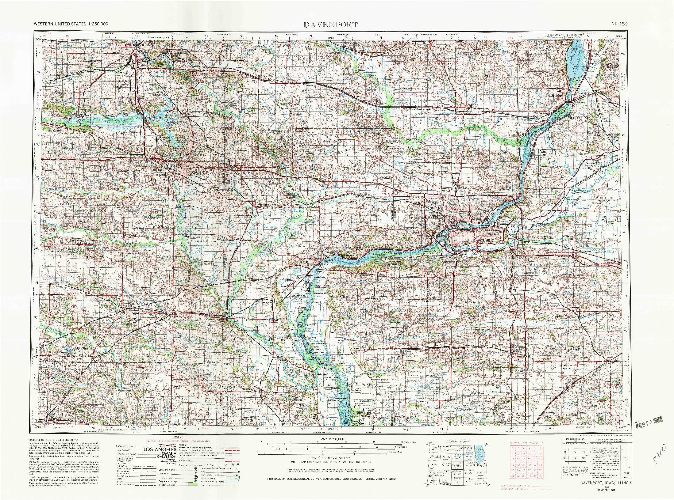 USGS 1:250000-SCALE QUADRANGLE FOR DAVENPORT, IA 1958
