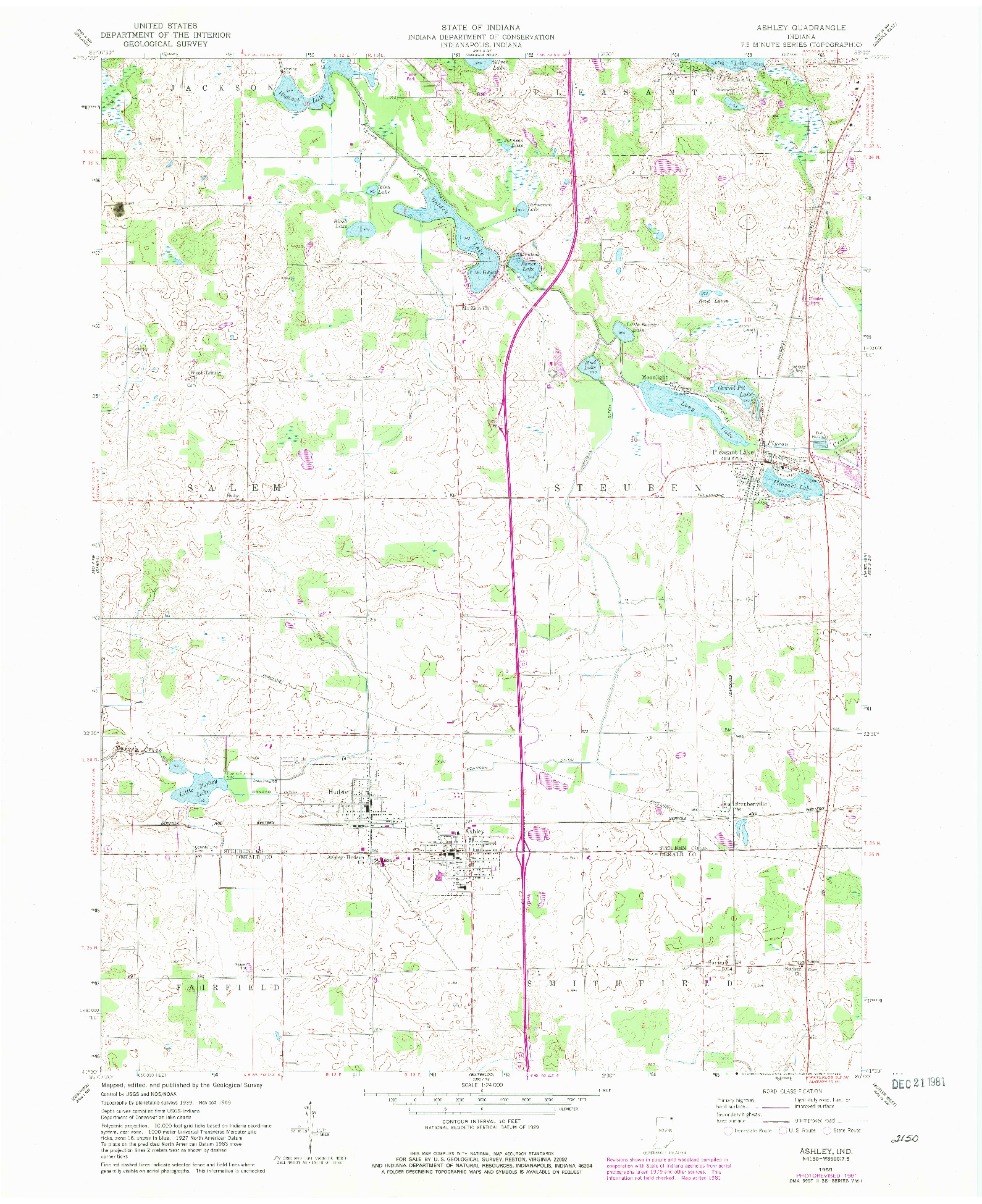 USGS 1:24000-SCALE QUADRANGLE FOR ASHLEY, IN 1959