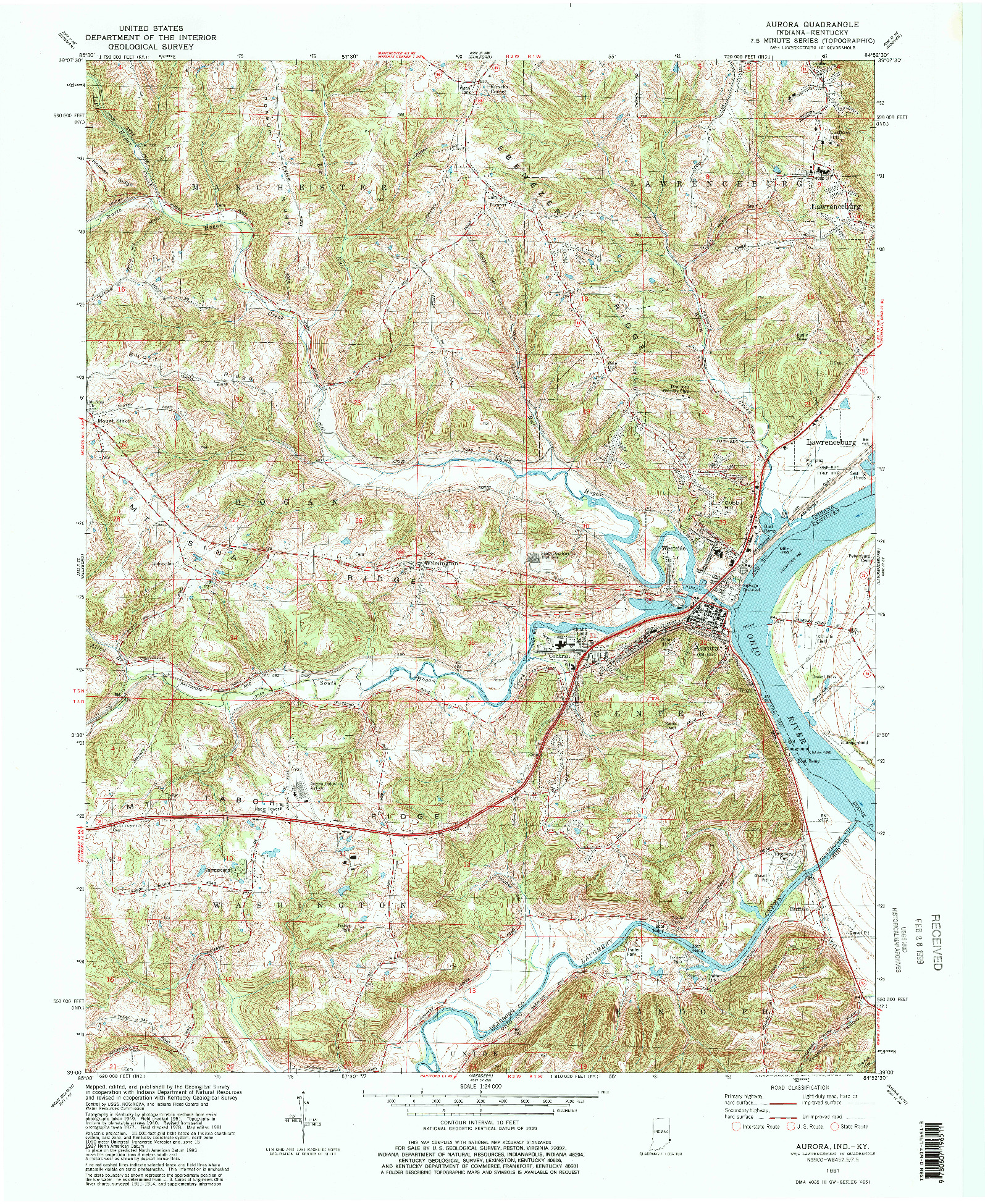 USGS 1:24000-SCALE QUADRANGLE FOR AURORA, IN 1981