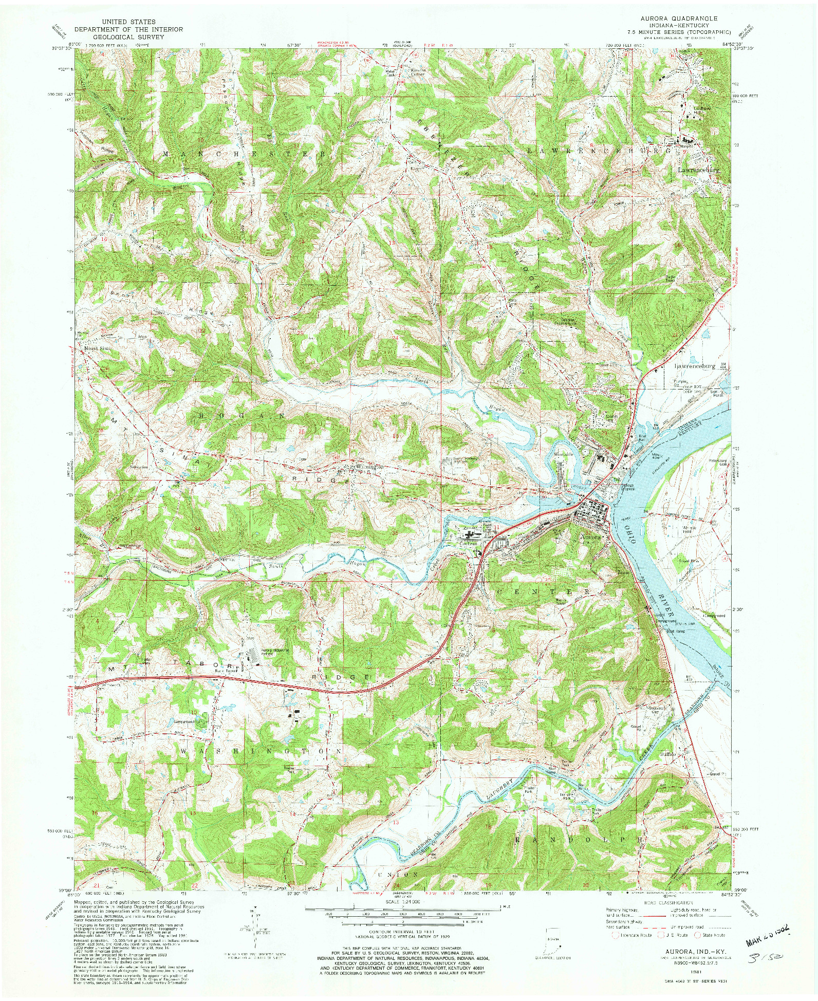 USGS 1:24000-SCALE QUADRANGLE FOR AURORA, IN 1981