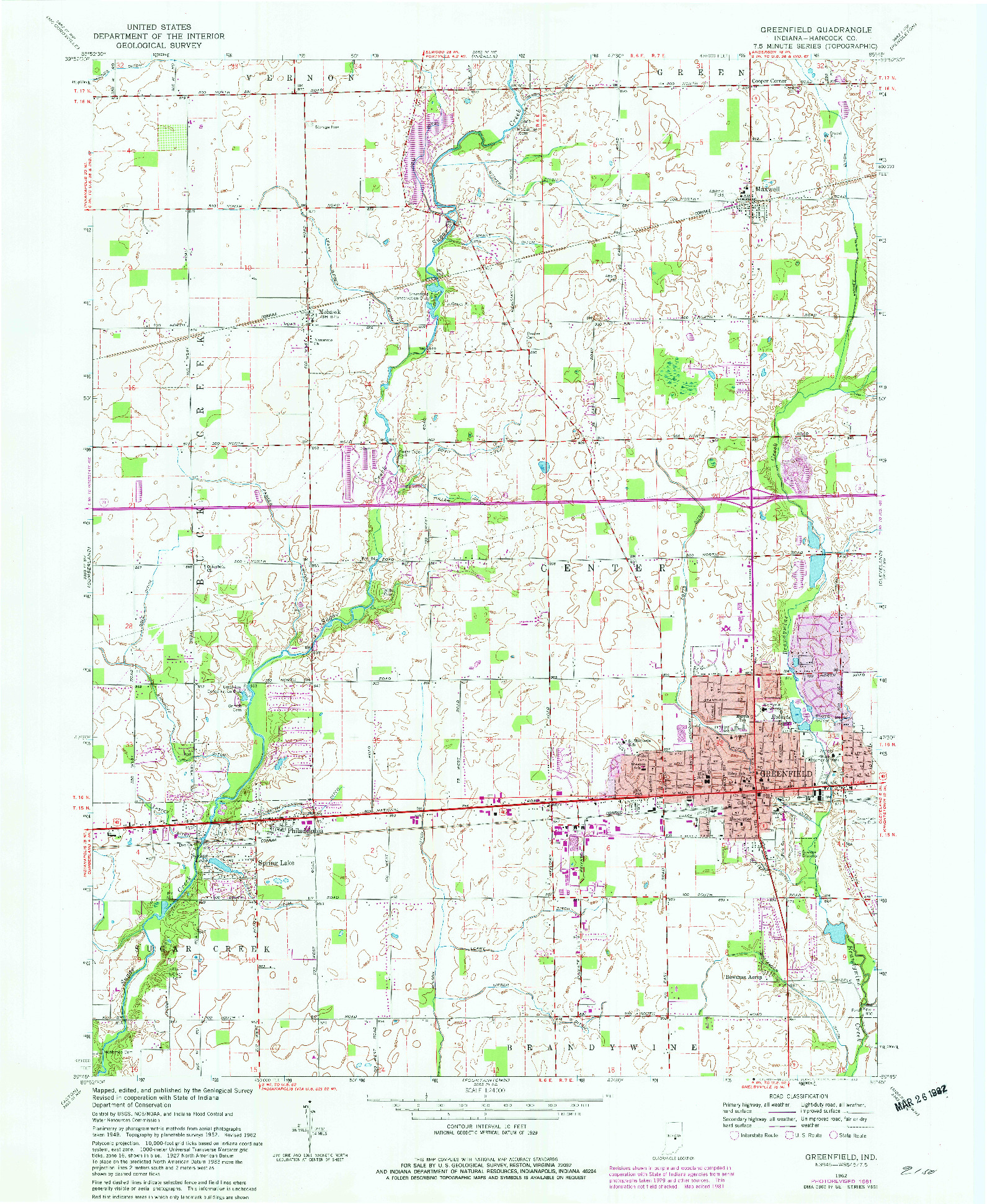 USGS 1:24000-SCALE QUADRANGLE FOR GREENFIELD, IN 1962