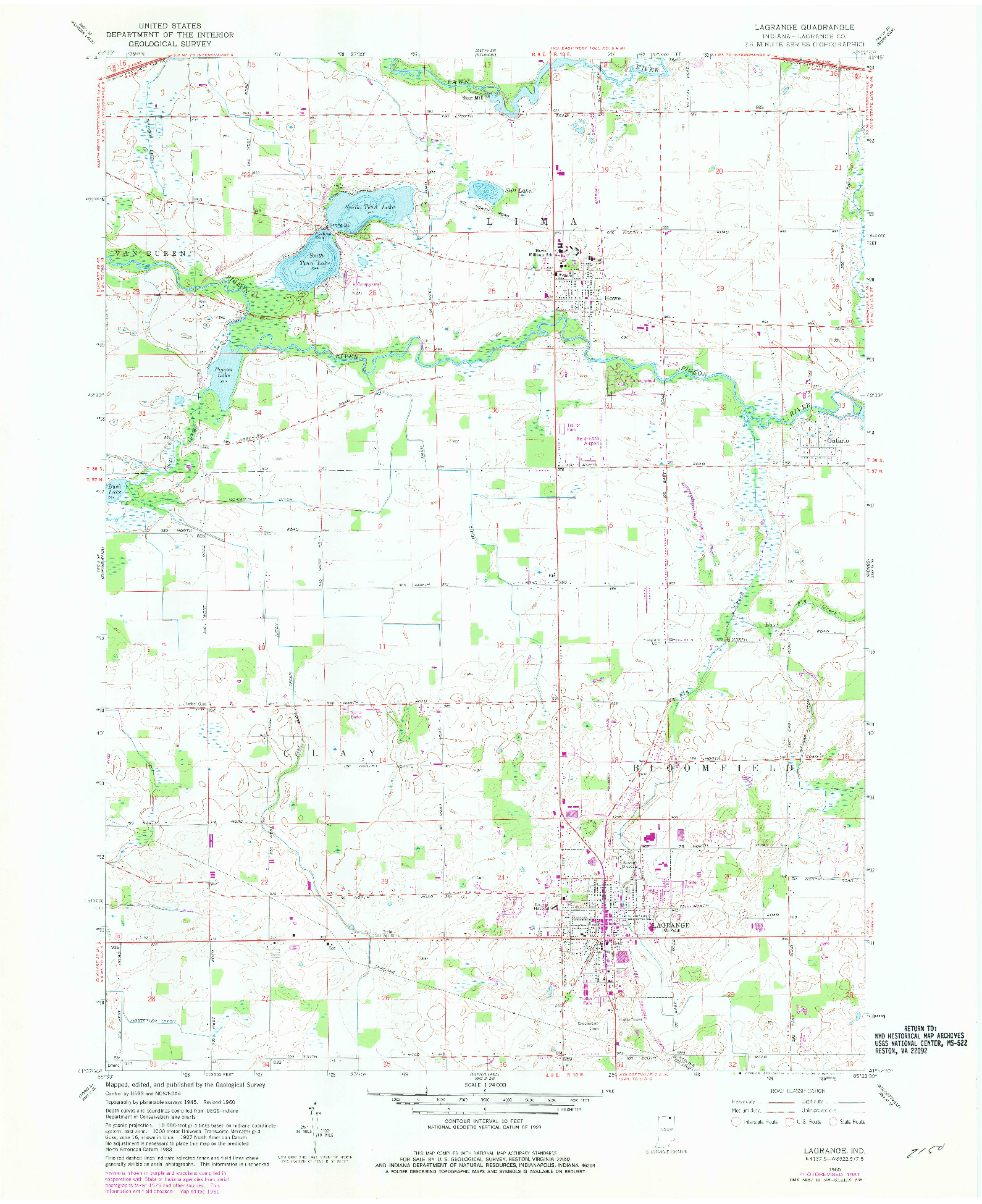 USGS 1:24000-SCALE QUADRANGLE FOR LAGRANGE, IN 1960