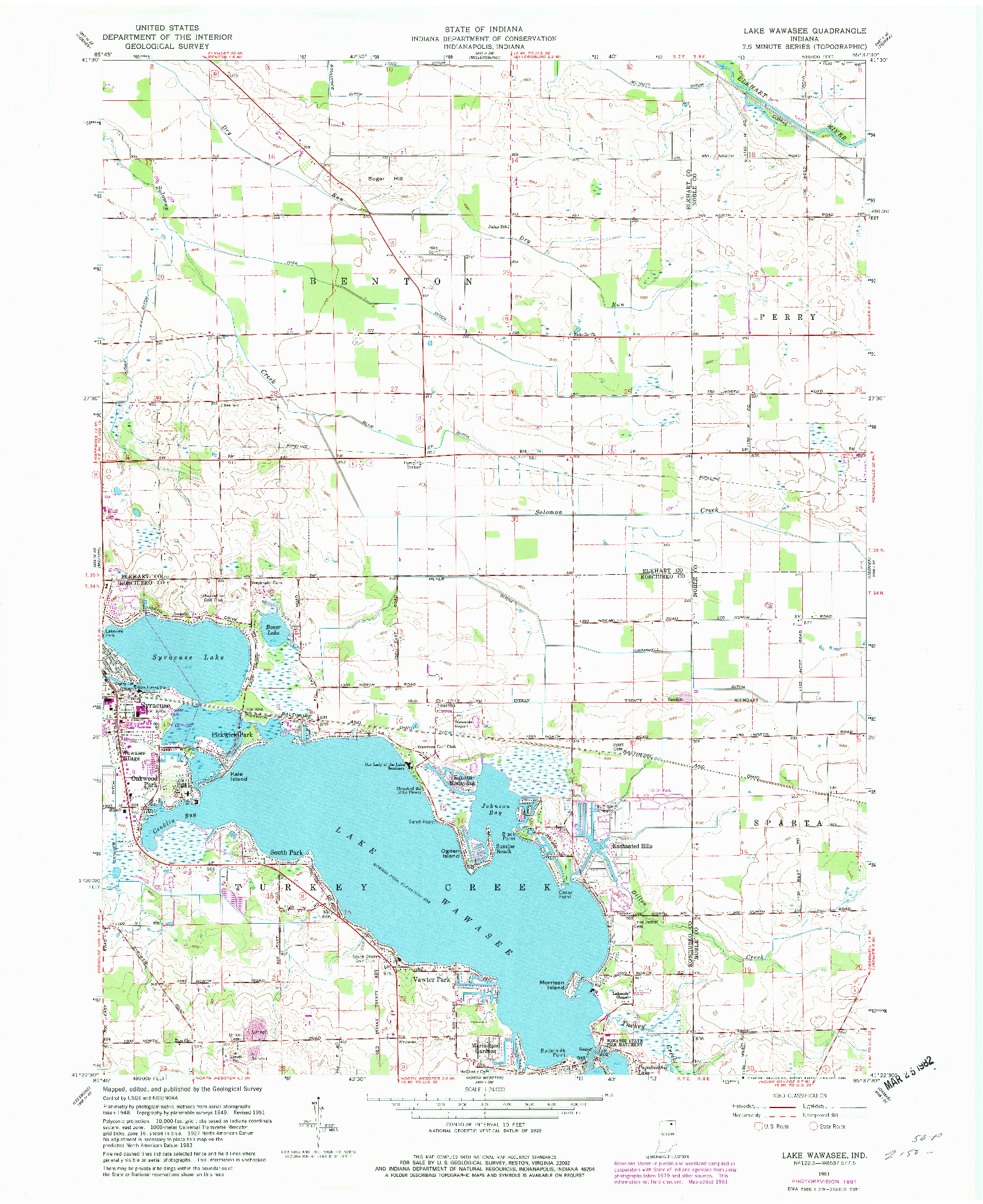 USGS 1:24000-SCALE QUADRANGLE FOR LAKE WAWASEE, IN 1961