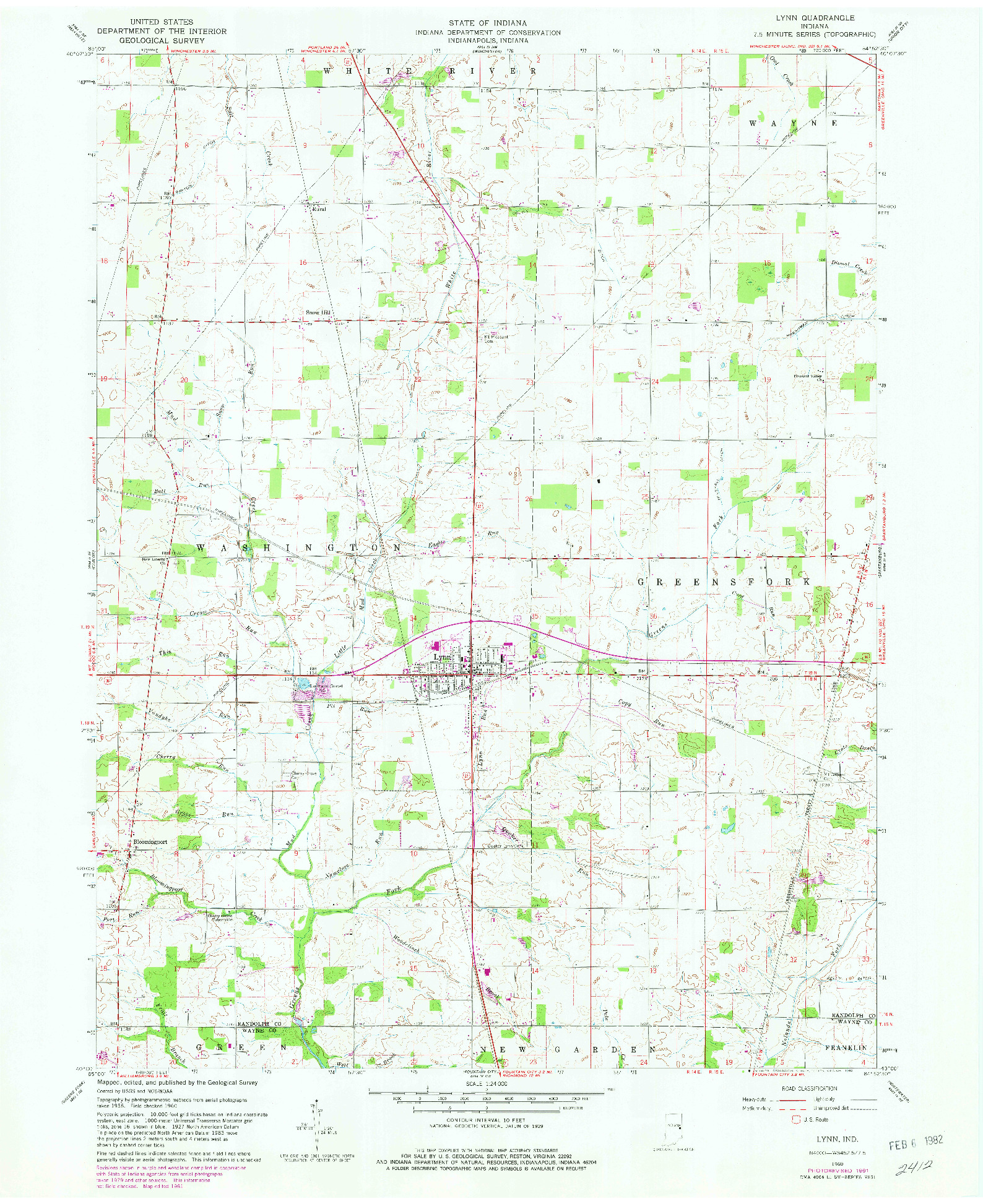 USGS 1:24000-SCALE QUADRANGLE FOR LYNN, IN 1960