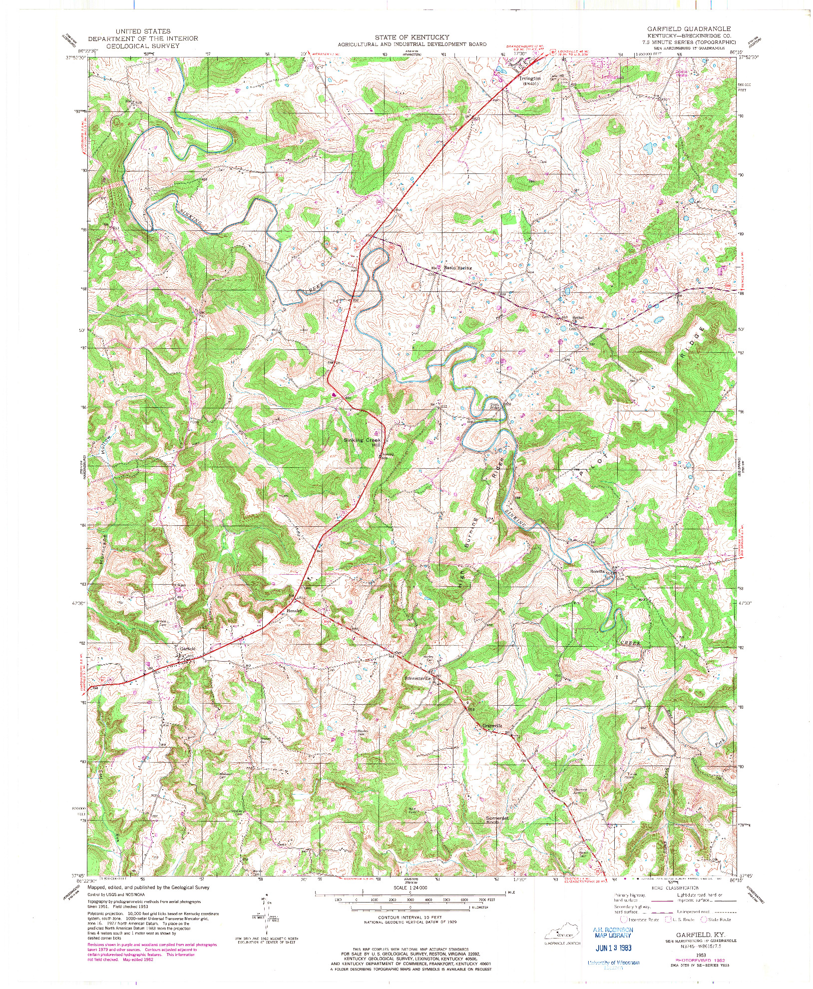 USGS 1:24000-SCALE QUADRANGLE FOR GARFIELD, KY 1953