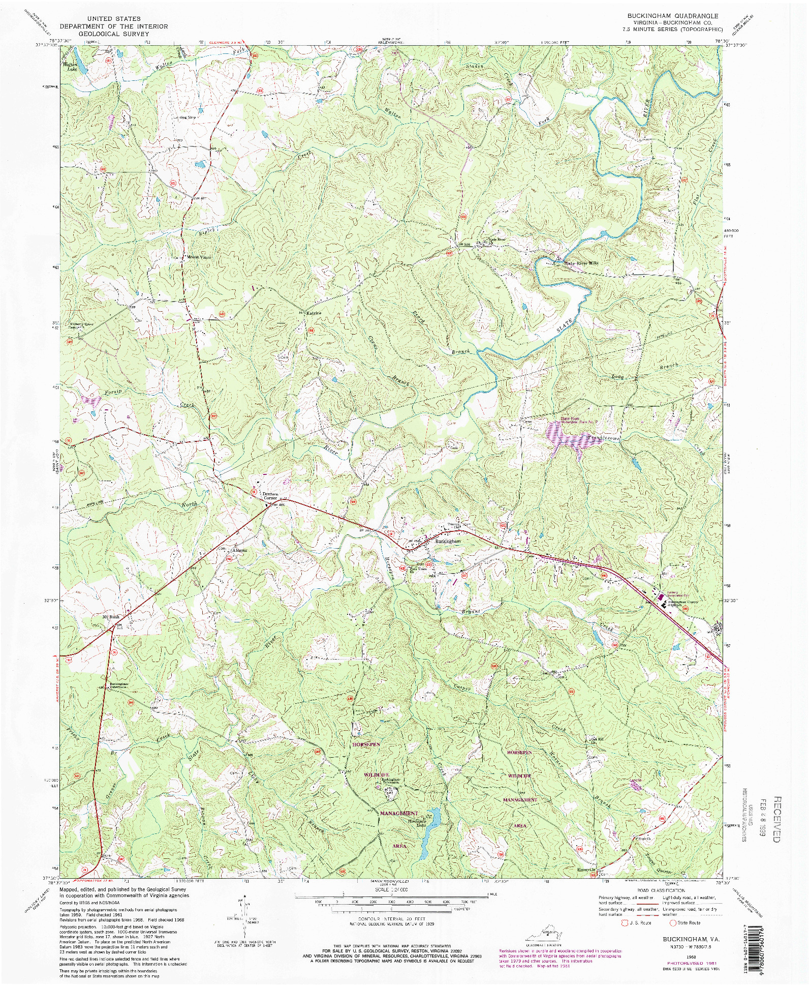 USGS 1:24000-SCALE QUADRANGLE FOR BUCKINGHAM, VA 1968