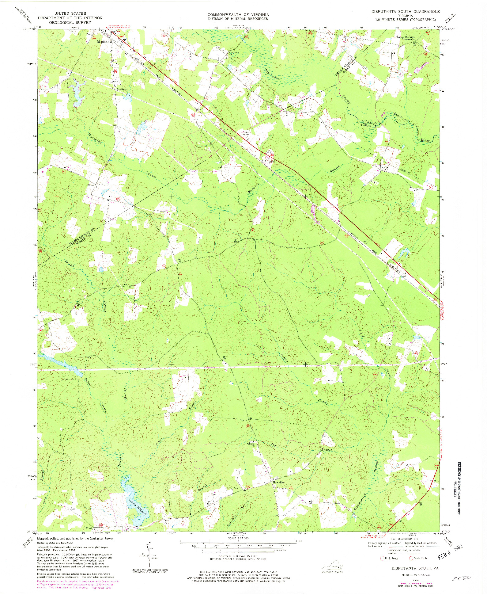 USGS 1:24000-SCALE QUADRANGLE FOR DISPUTANTA SOUTH, VA 1968