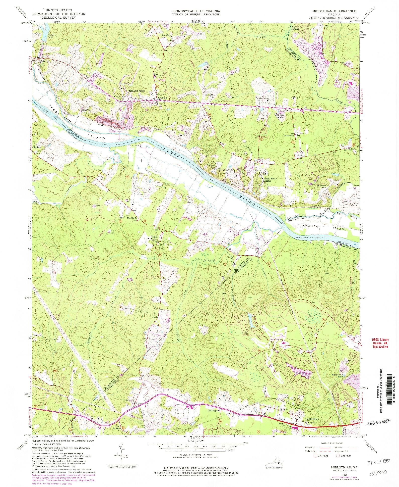 USGS 1:24000-SCALE QUADRANGLE FOR MIDLOTHIAN, VA 1964
