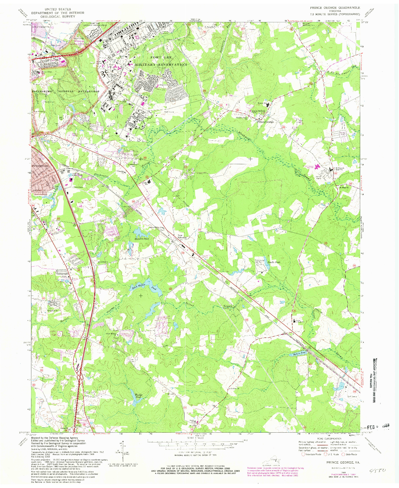 USGS 1:24000-SCALE QUADRANGLE FOR PRINCE GEORGE, VA 1969