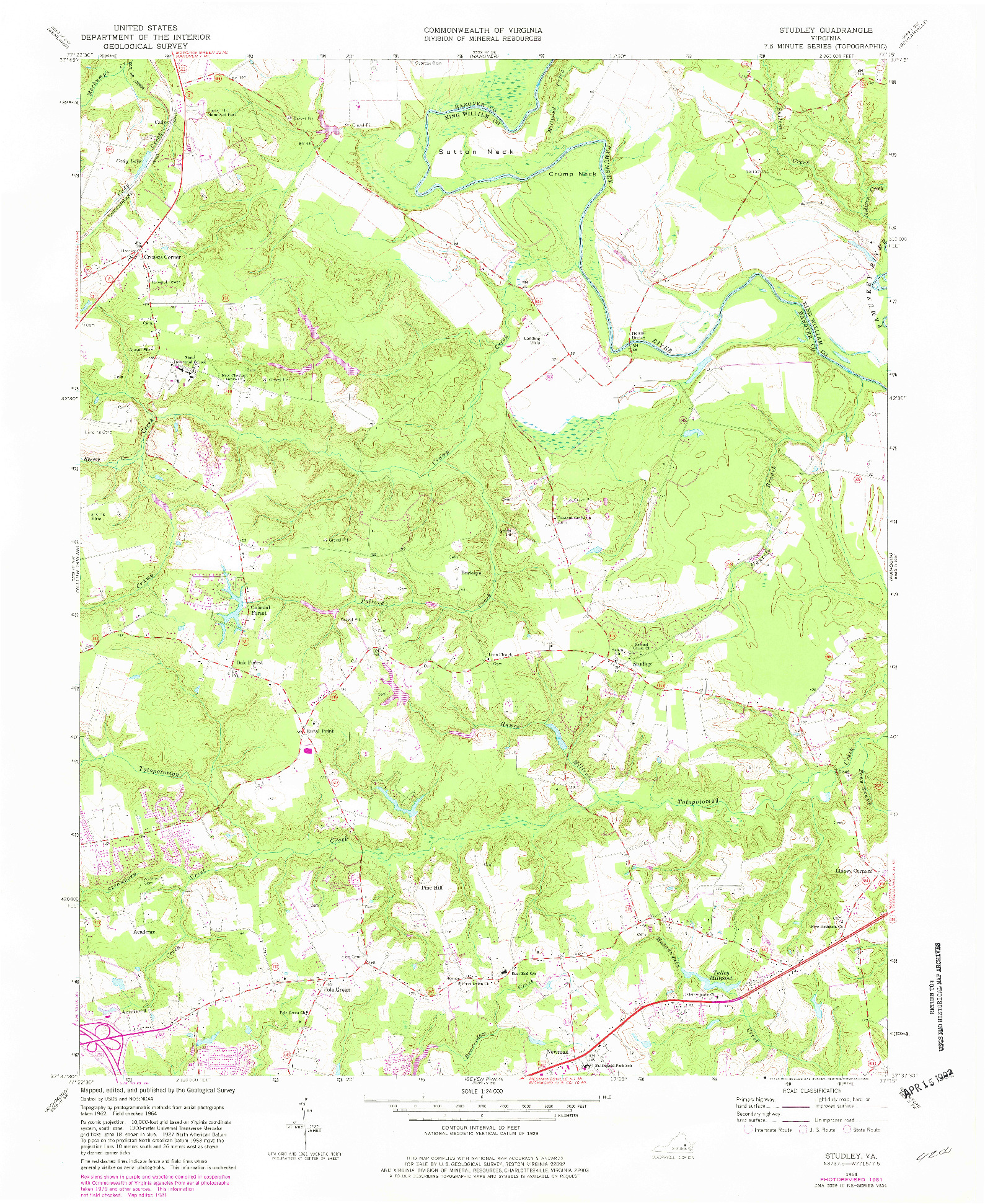 USGS 1:24000-SCALE QUADRANGLE FOR STUDLEY, VA 1964