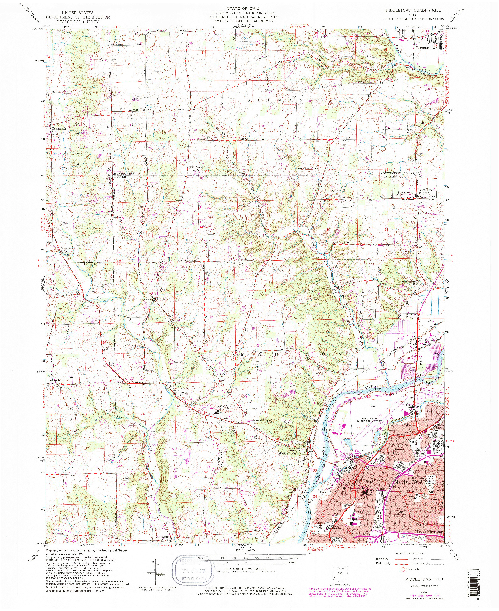 USGS 1:24000-SCALE QUADRANGLE FOR MIDDLETOWN, OH 1959