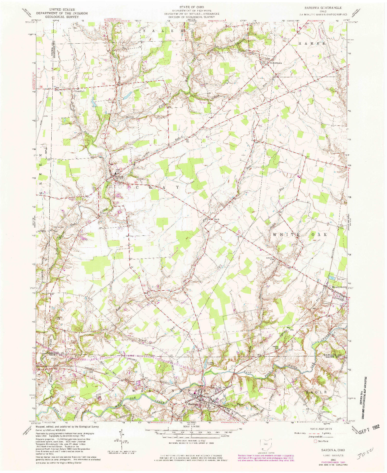 USGS 1:24000-SCALE QUADRANGLE FOR SARDINIA, OH 1961