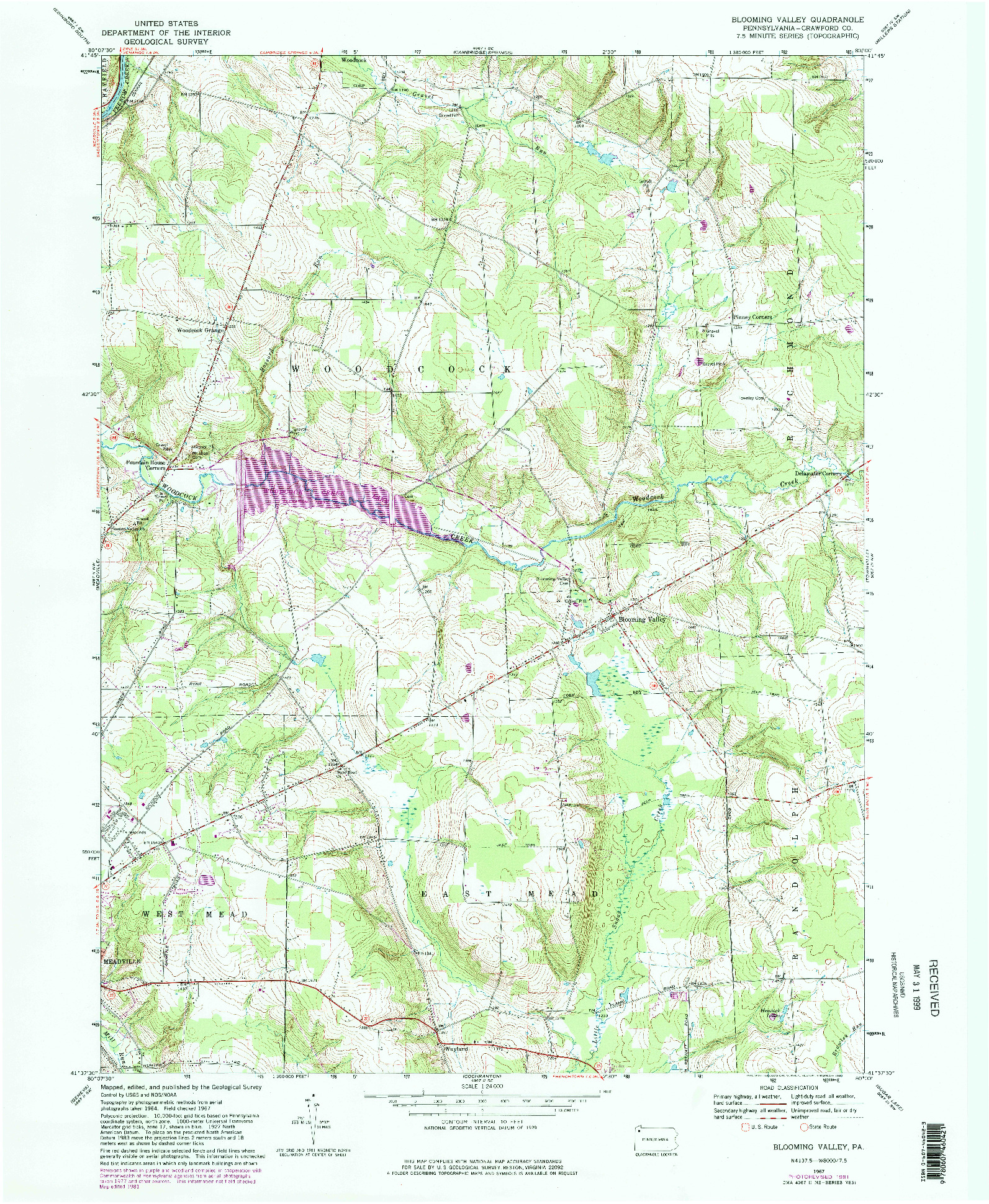 USGS 1:24000-SCALE QUADRANGLE FOR BLOOMING VALLEY, PA 1967