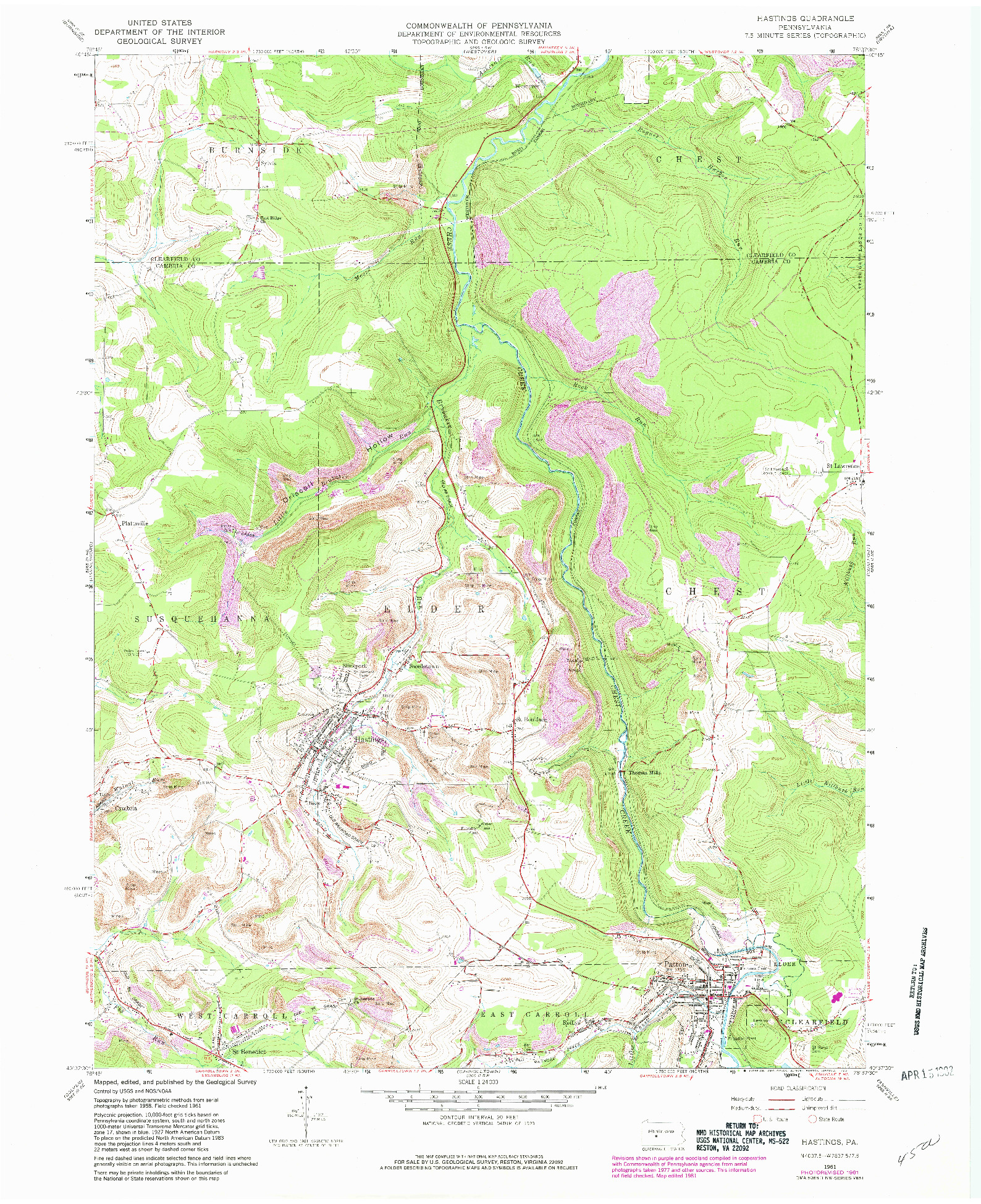 USGS 1:24000-SCALE QUADRANGLE FOR HASTINGS, PA 1961