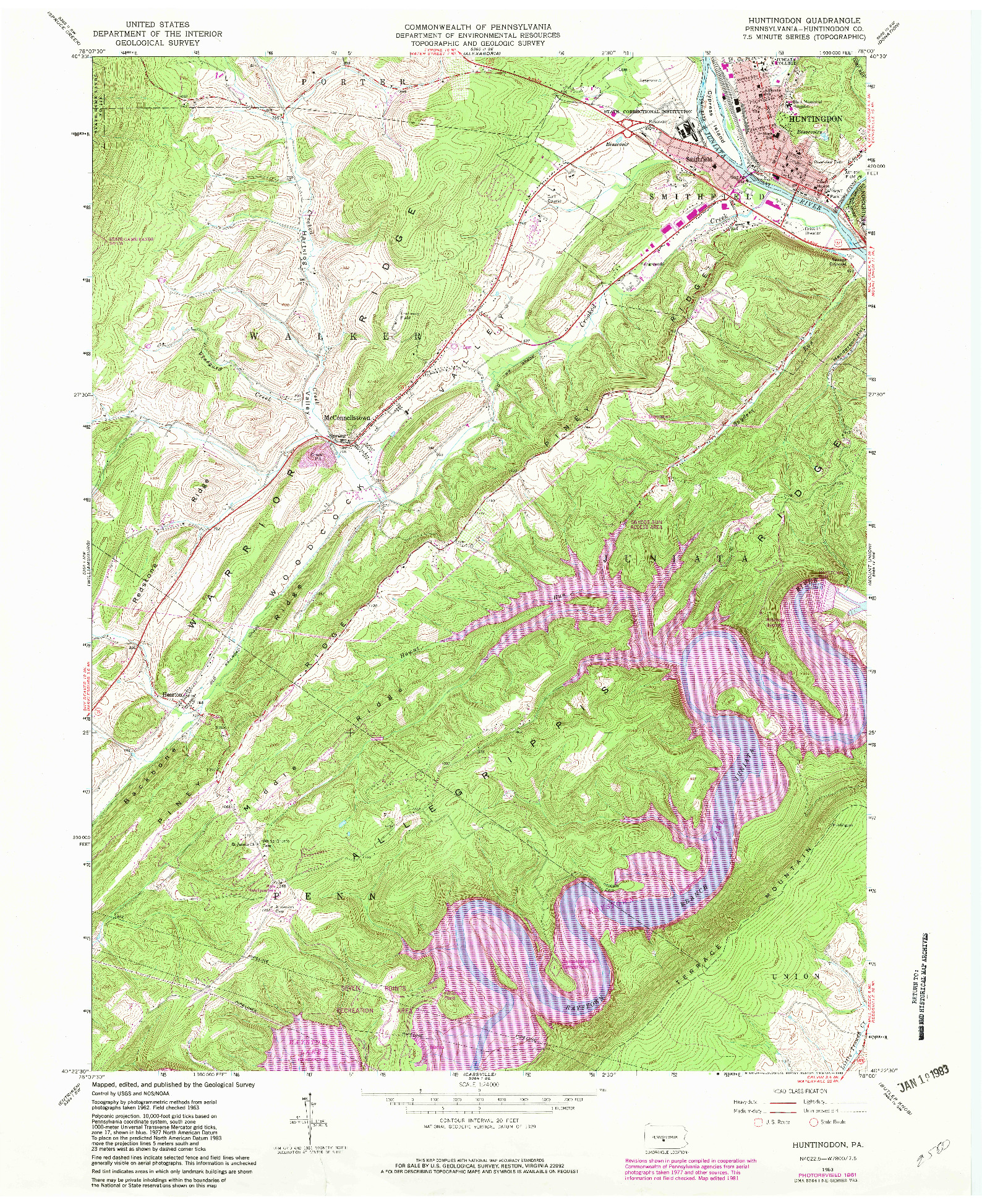 USGS 1:24000-SCALE QUADRANGLE FOR HUNTINGDON, PA 1963