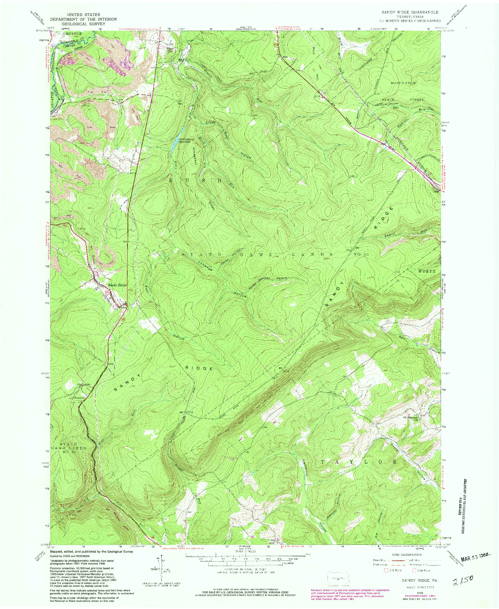 USGS 1:24000-SCALE QUADRANGLE FOR SANDY RIDGE, PA 1958