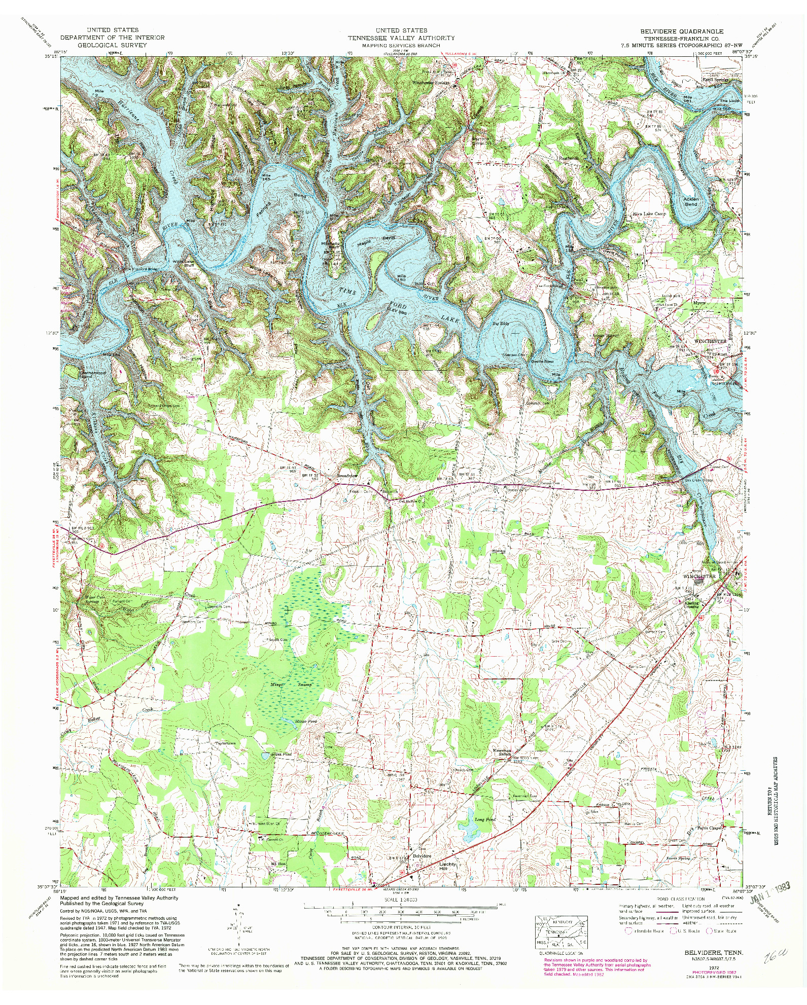 USGS 1:24000-SCALE QUADRANGLE FOR BELVIDERE, TN 1972