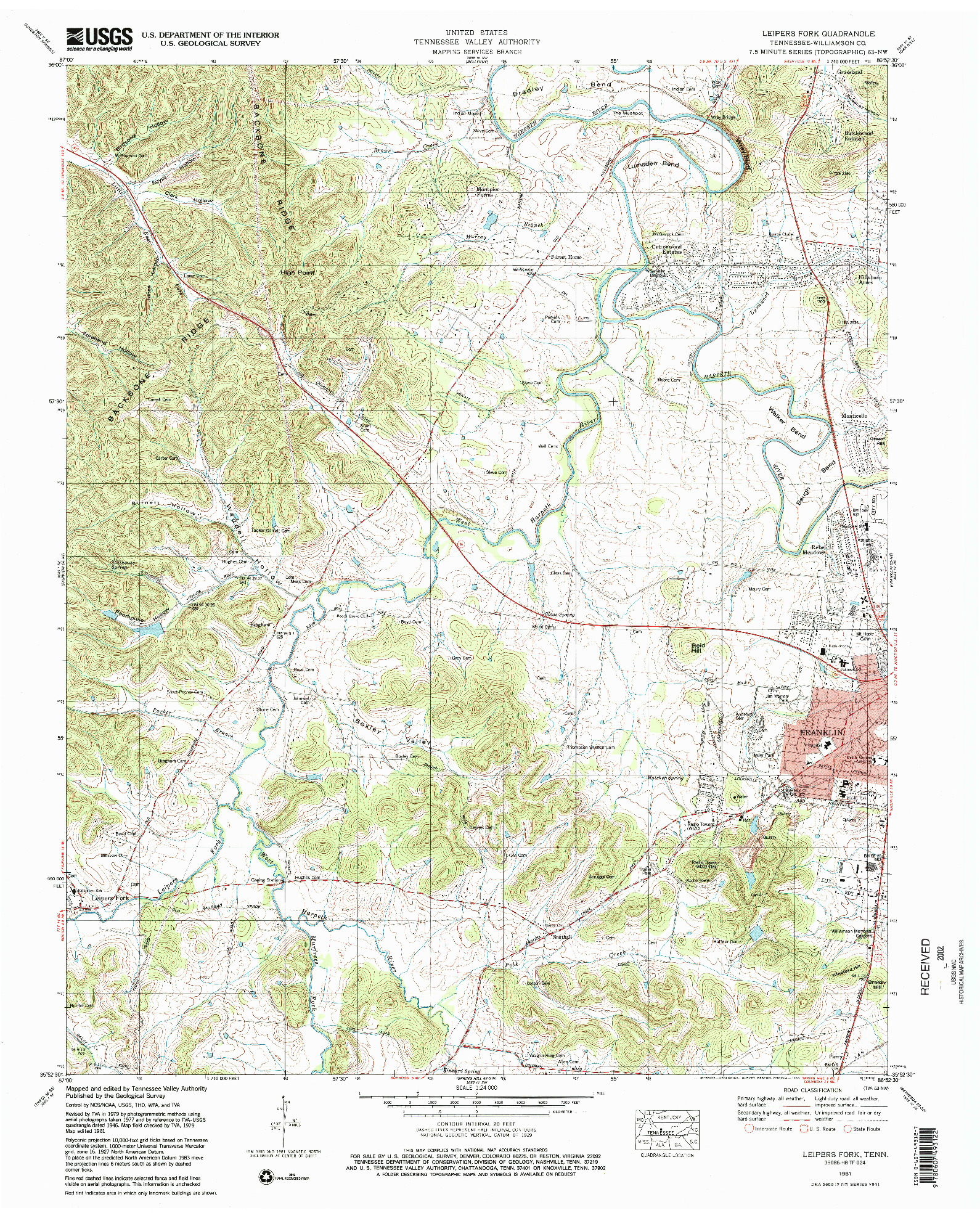 USGS 1:24000-SCALE QUADRANGLE FOR LEIPERS FORK, TN 1981