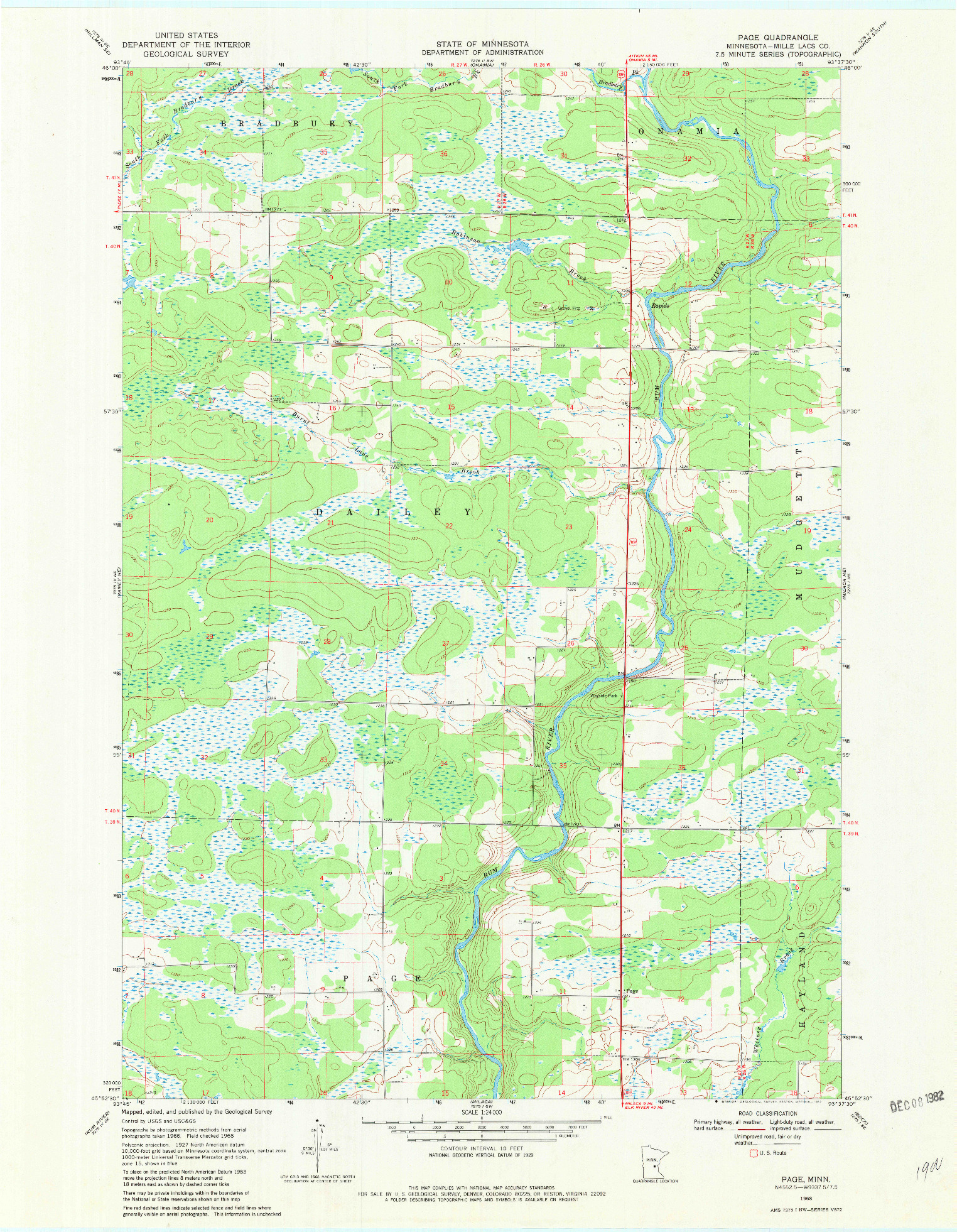 USGS 1:24000-SCALE QUADRANGLE FOR PAGE, MN 1968