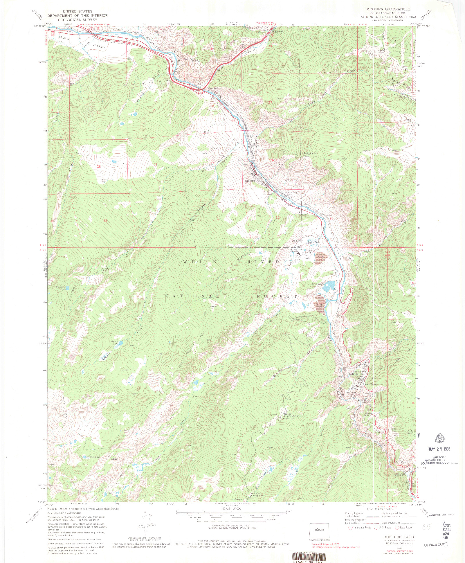 USGS 1:24000-SCALE QUADRANGLE FOR MINTURN, CO 1970