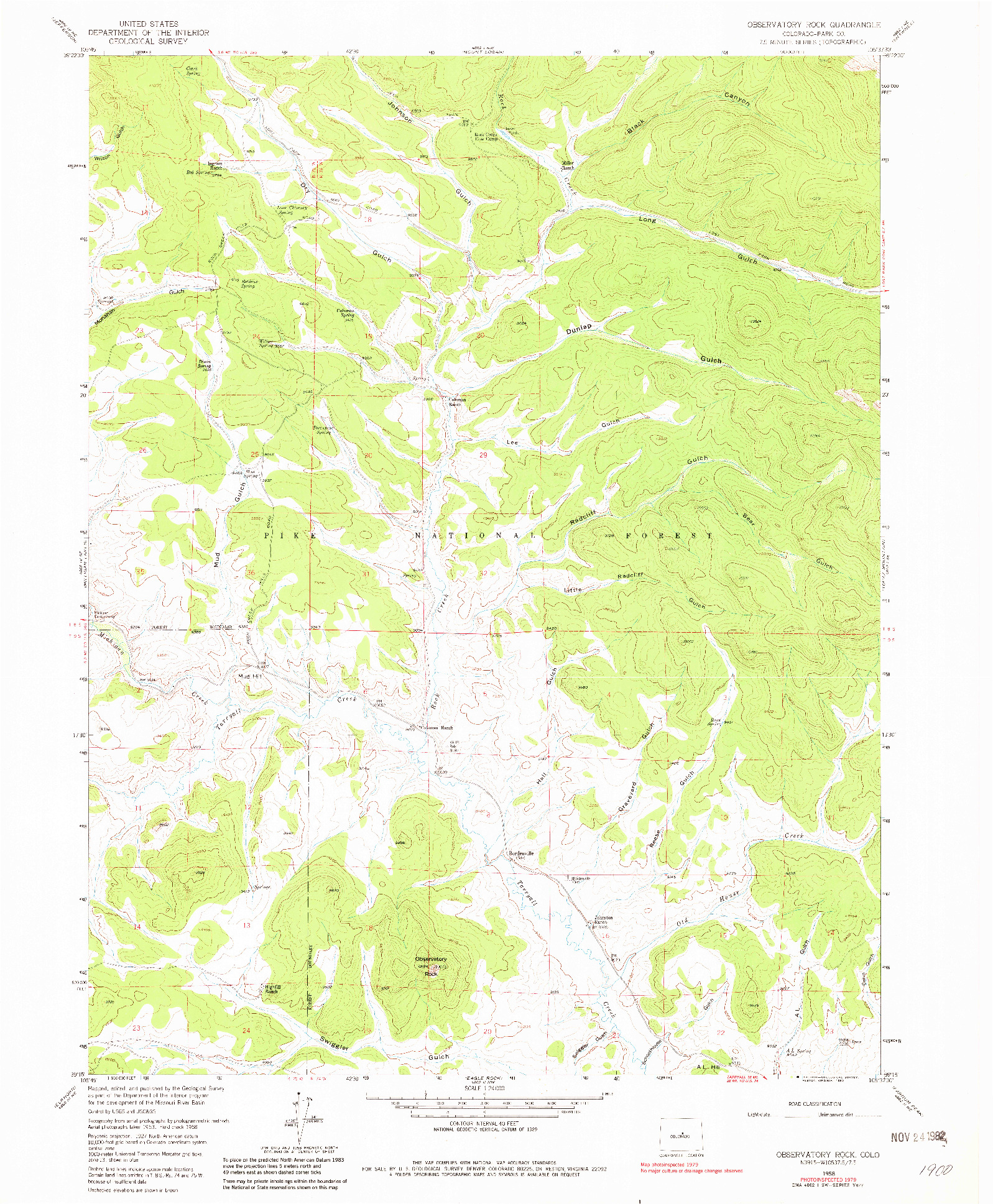 USGS 1:24000-SCALE QUADRANGLE FOR OBSERVATORY ROCK, CO 1958