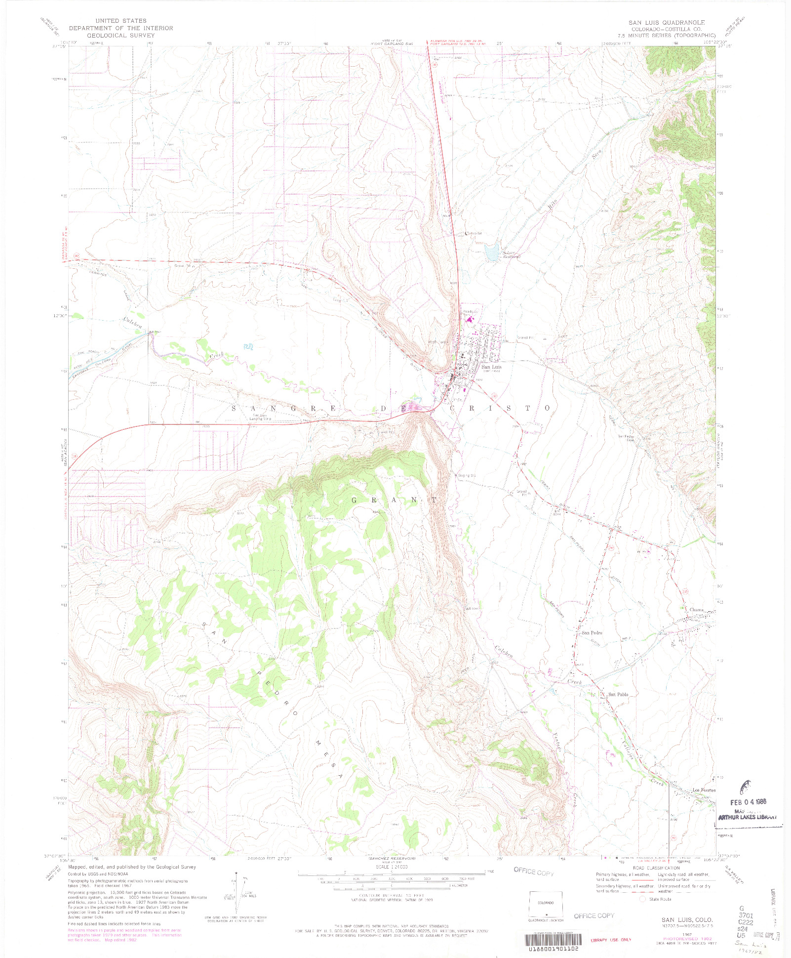 USGS 1:24000-SCALE QUADRANGLE FOR SAN LUIS, CO 1967